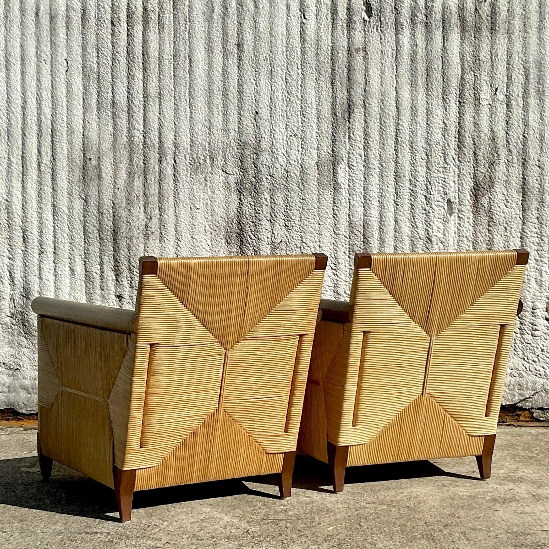 Philippine Vintage Coastal Donghia “Merbau” Woven Rattan Lounge Chairs - a Pair For Sale