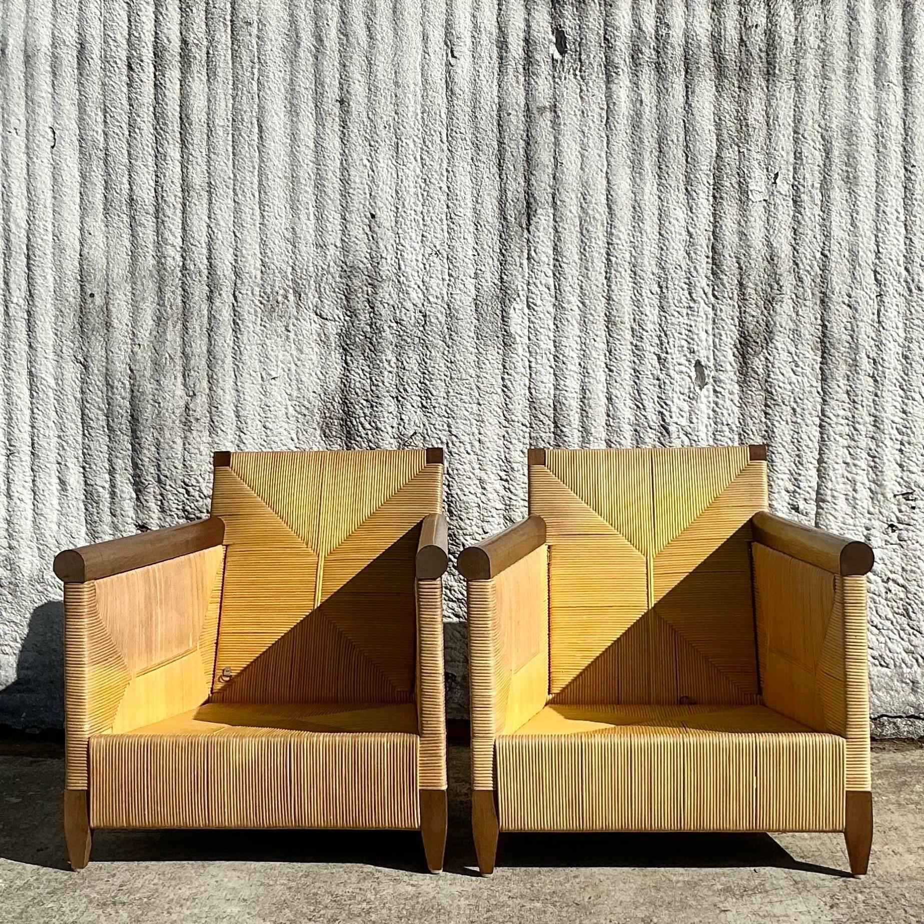 Vintage Coastal Donghia “Merbau” Woven Rattan Lounge Chairs - a Pair In Good Condition For Sale In west palm beach, FL