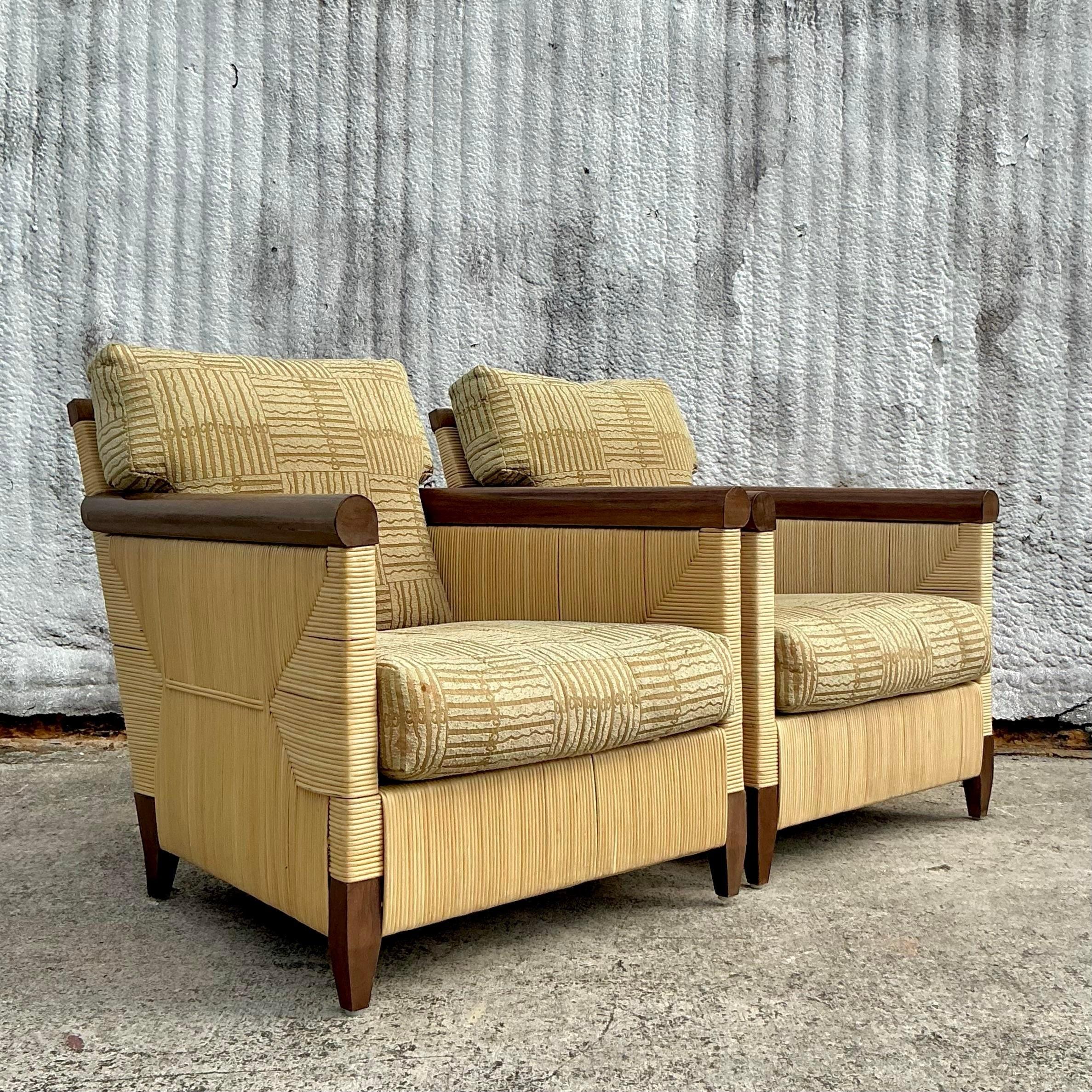 Vintage Coastal Donghia “Merbau” Woven Rattan Lounge Chairs - a Pair For Sale 1
