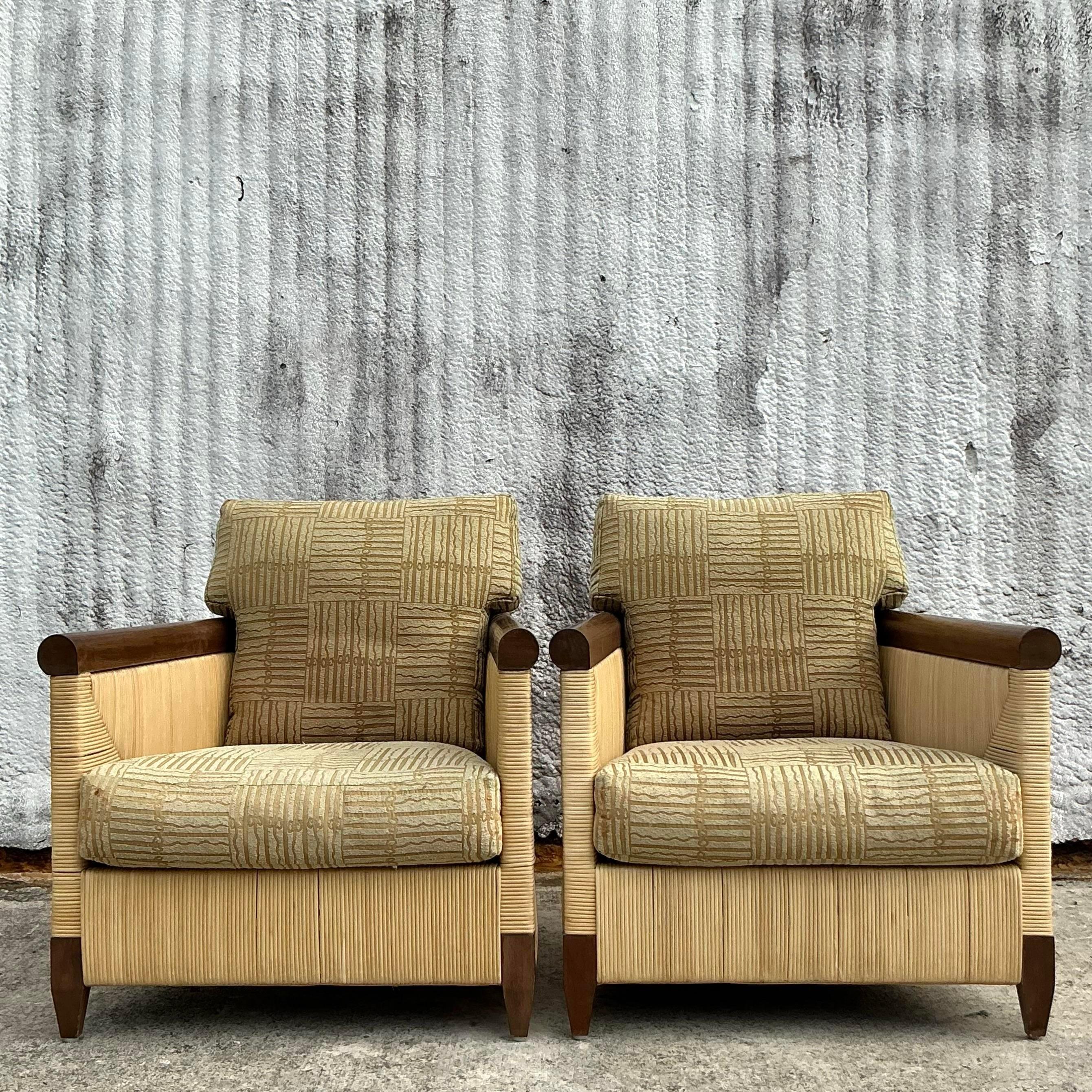 Vintage Coastal Donghia “Merbau” Woven Rattan Lounge Chairs - a Pair For Sale 2