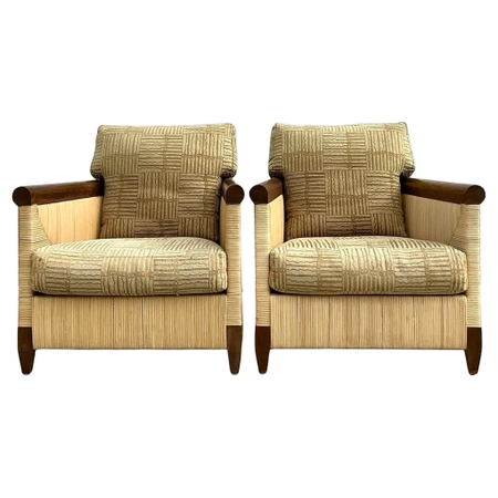 Vintage Coastal Donghia “Merbau” Woven Rattan Lounge Chairs - a Pair