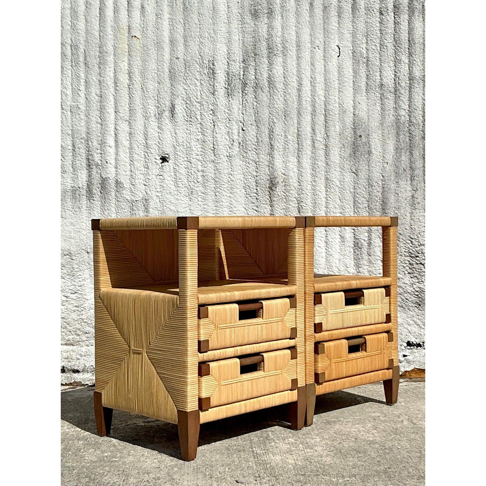Vintage Coastal Donghia Rattan Nightstands - A Pair 5