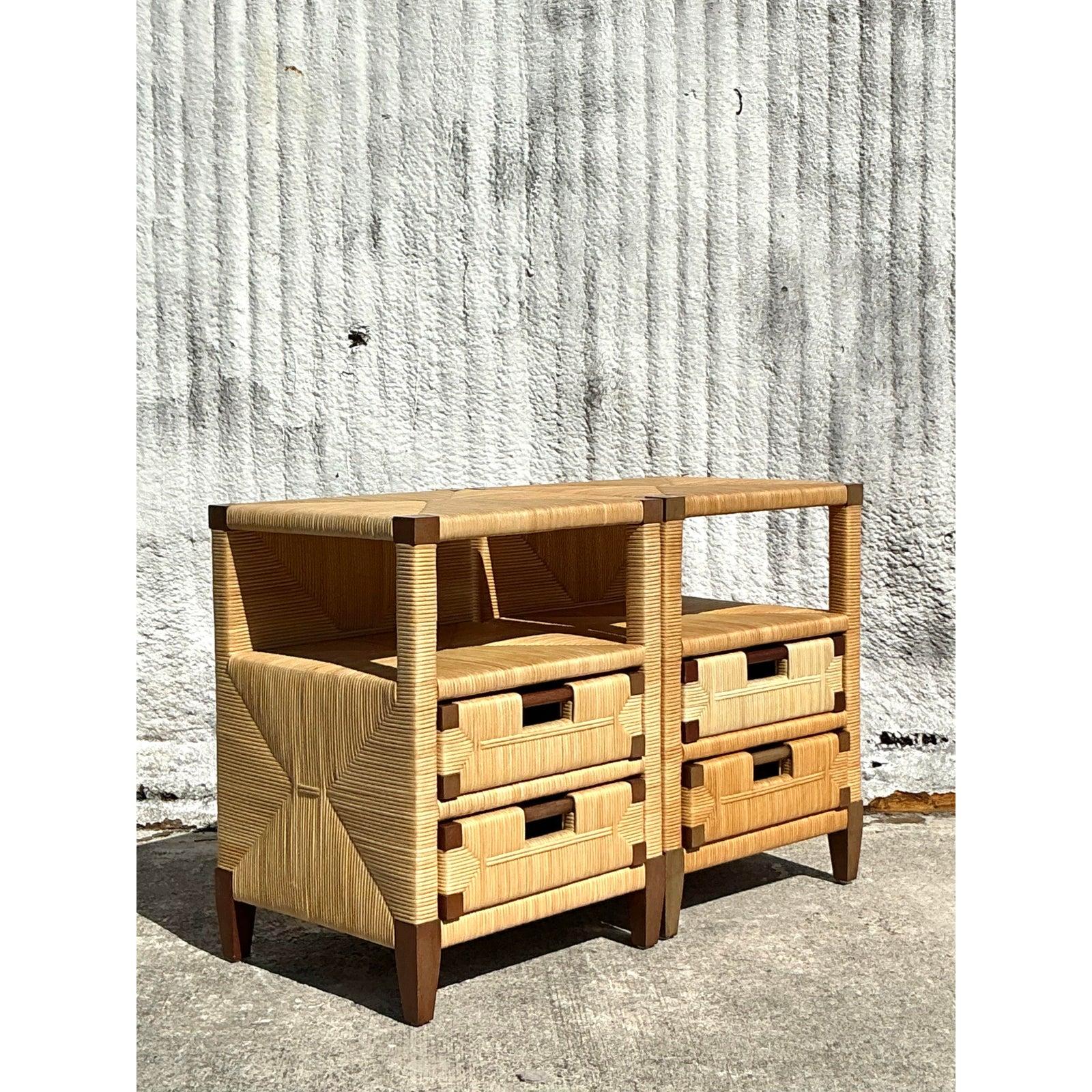 Philippine Vintage Coastal Donghia Rattan Nightstands - A Pair