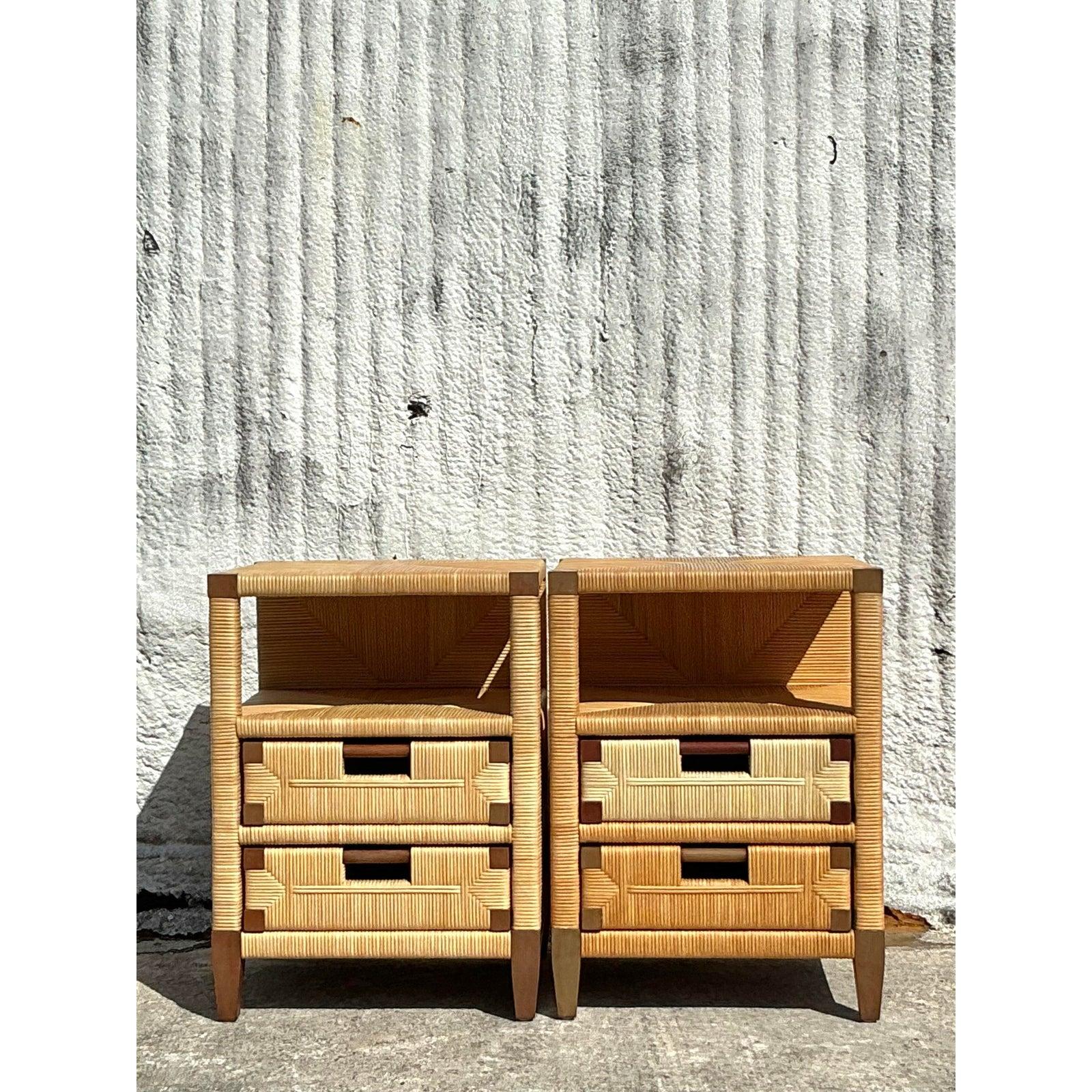 Vintage Coastal Donghia Rattan Nightstands - A Pair In Good Condition In west palm beach, FL