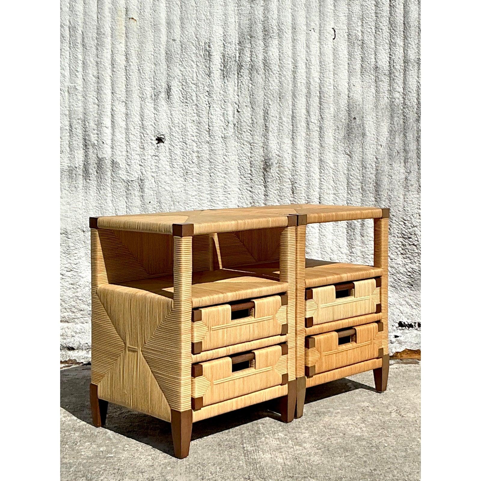 20th Century Vintage Coastal Donghia Rattan Nightstands - A Pair