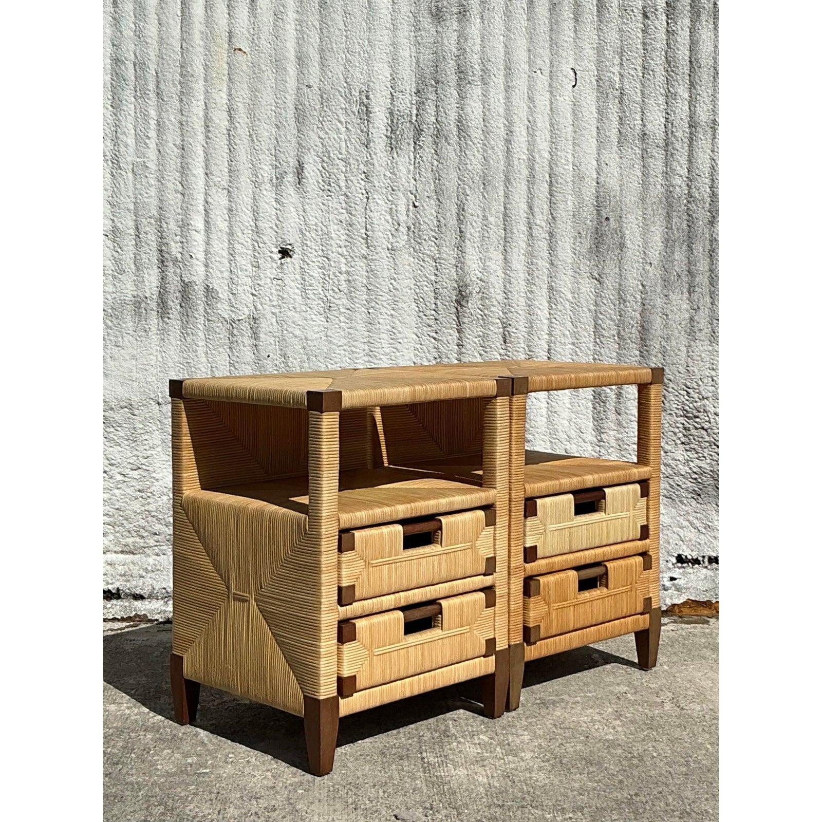 Vintage Coastal Donghia Rattan Nightstands - A Pair 2