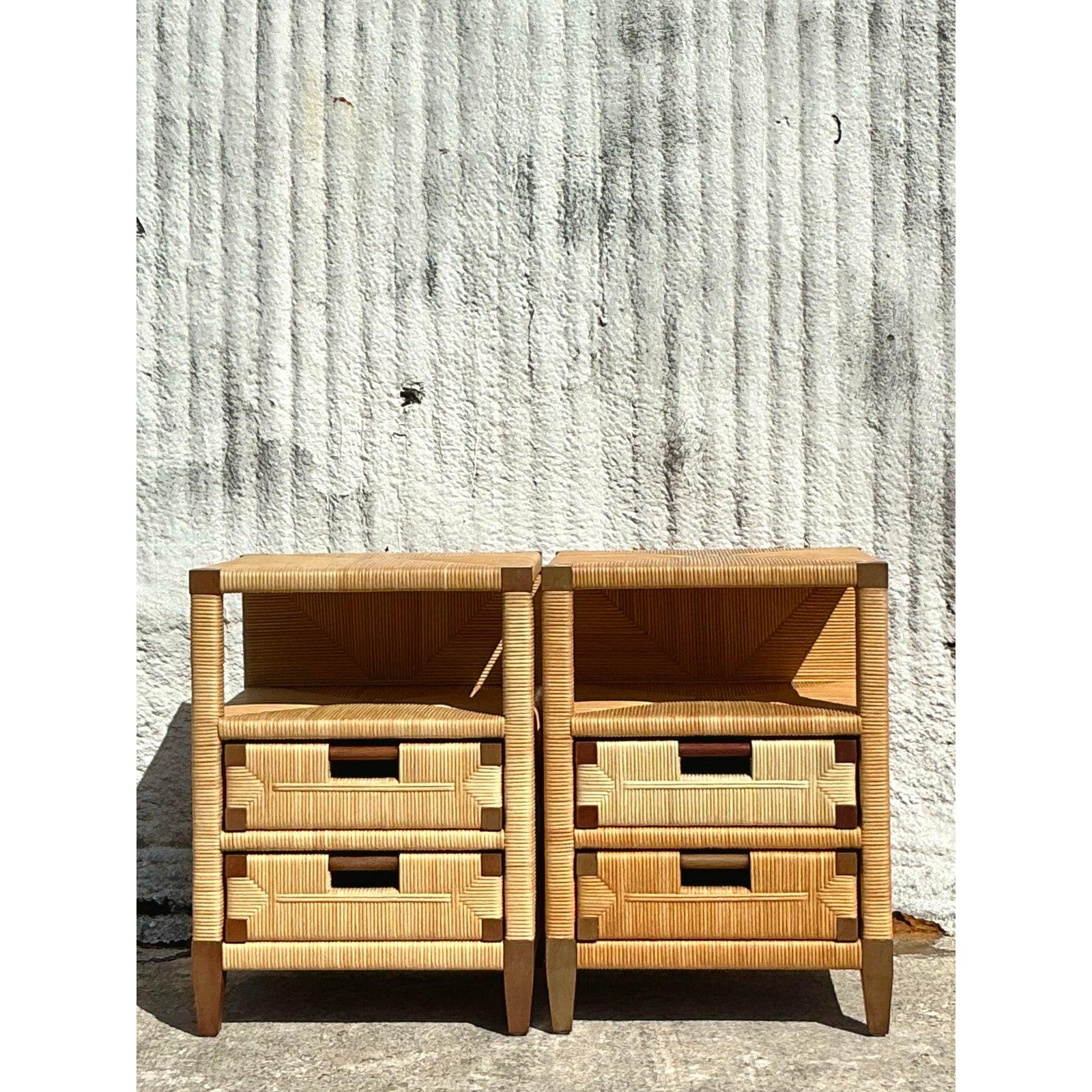 Vintage Coastal Donghia Rattan Nightstands - A Pair 3