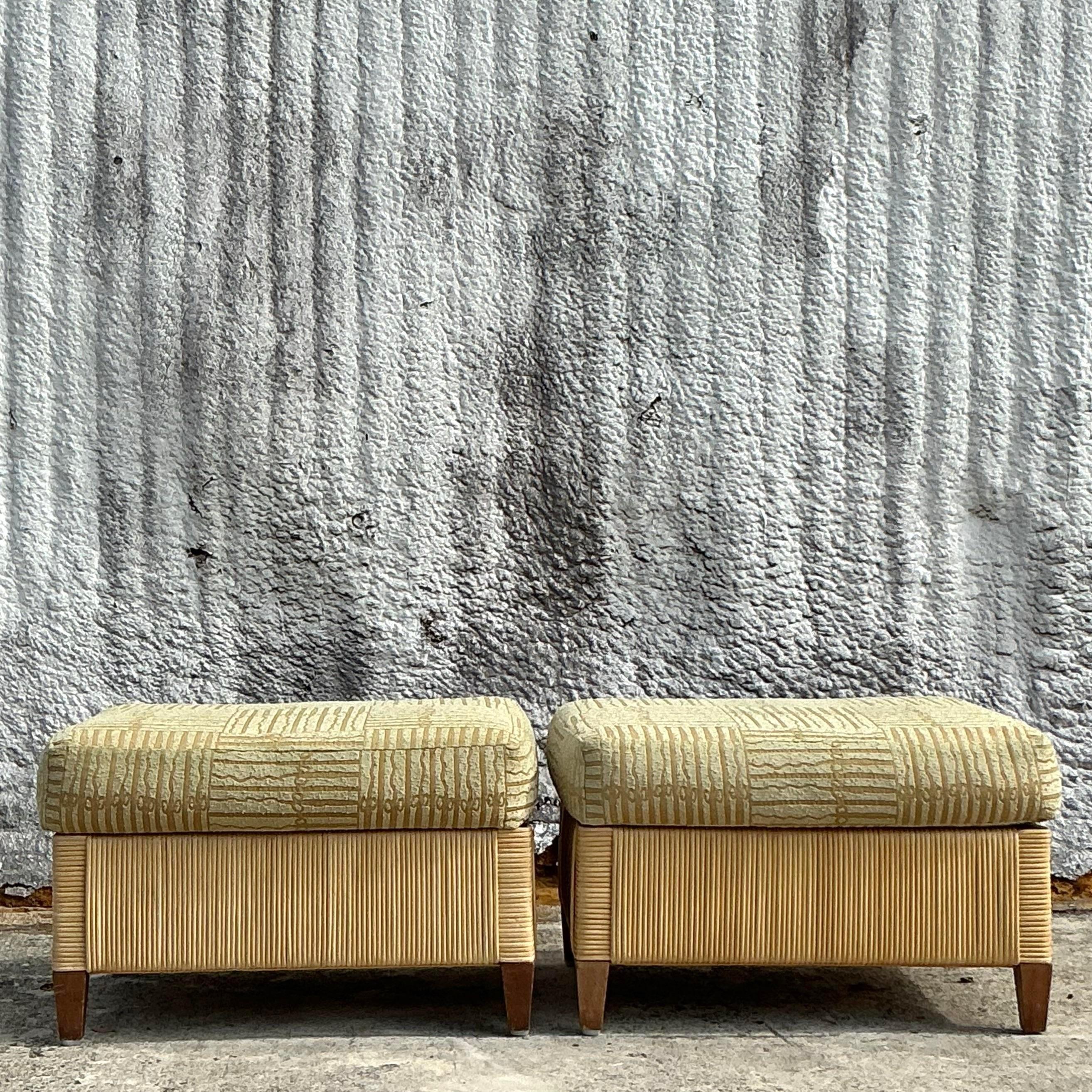 American Vintage Coastal Donghia Woven Rattan Ottomans - a Pair