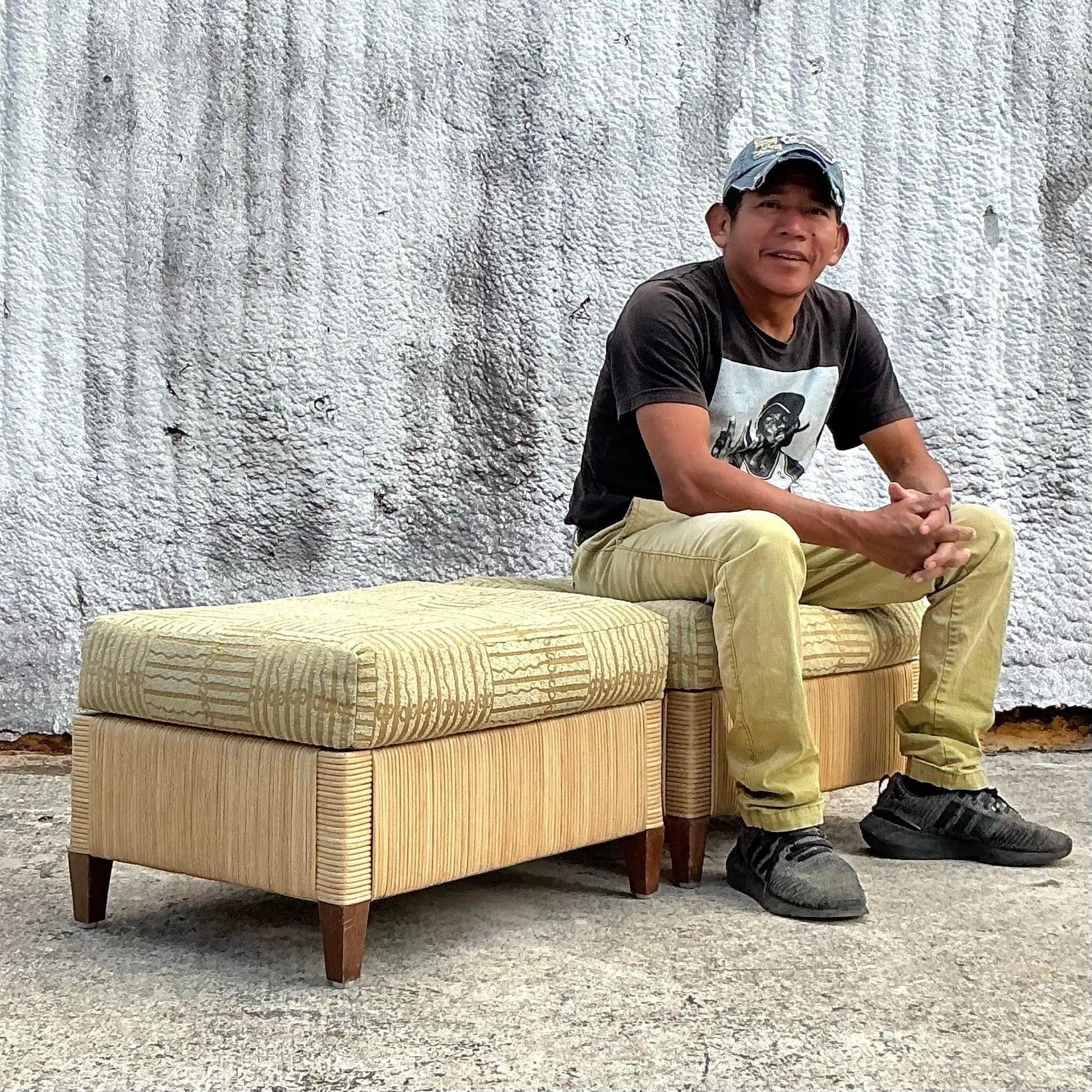Vintage Coastal Donghia Woven Rattan Ottomans - a Pair In Good Condition In West Palm Beach, FL