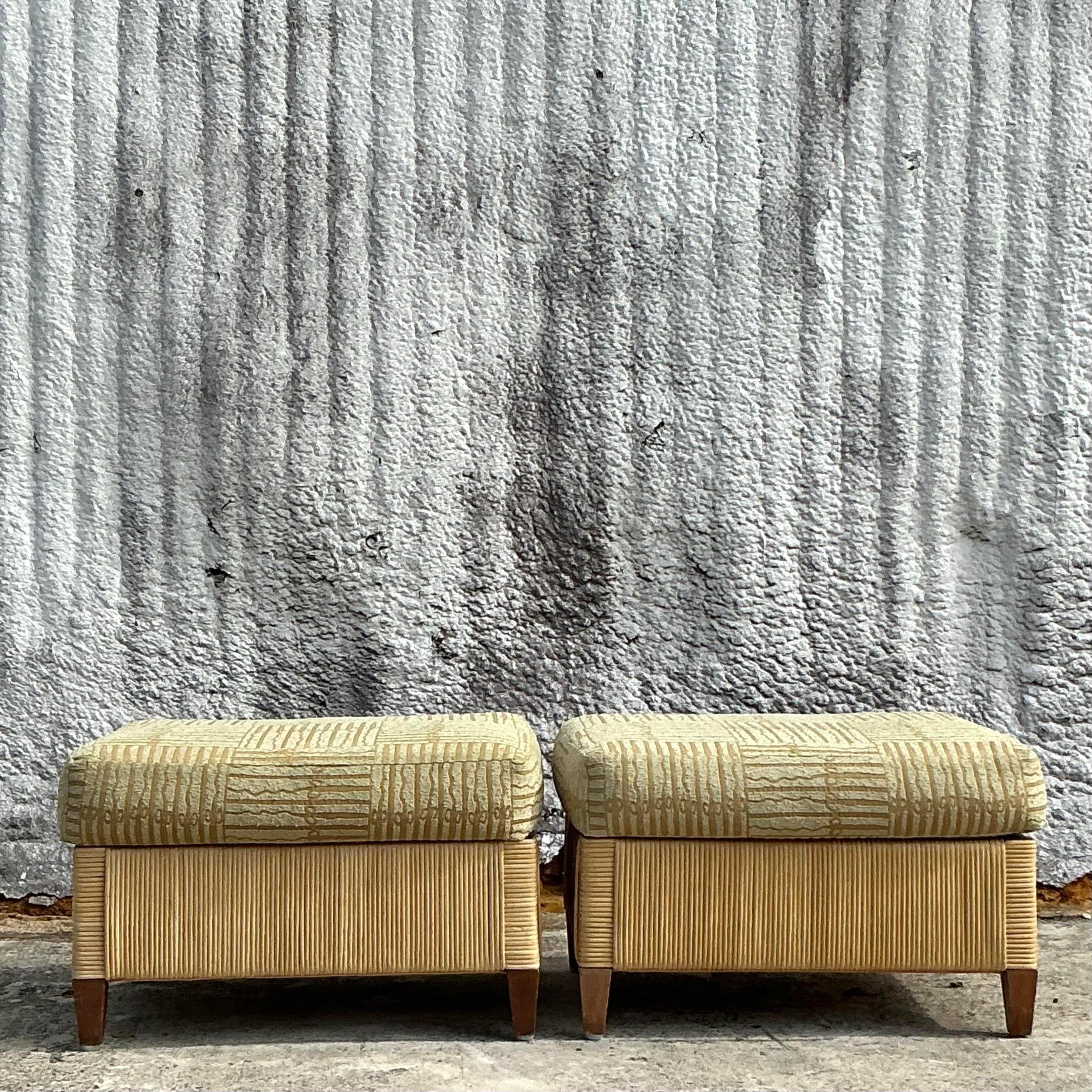 20th Century Vintage Coastal Donghia Woven Rattan Ottomans - a Pair