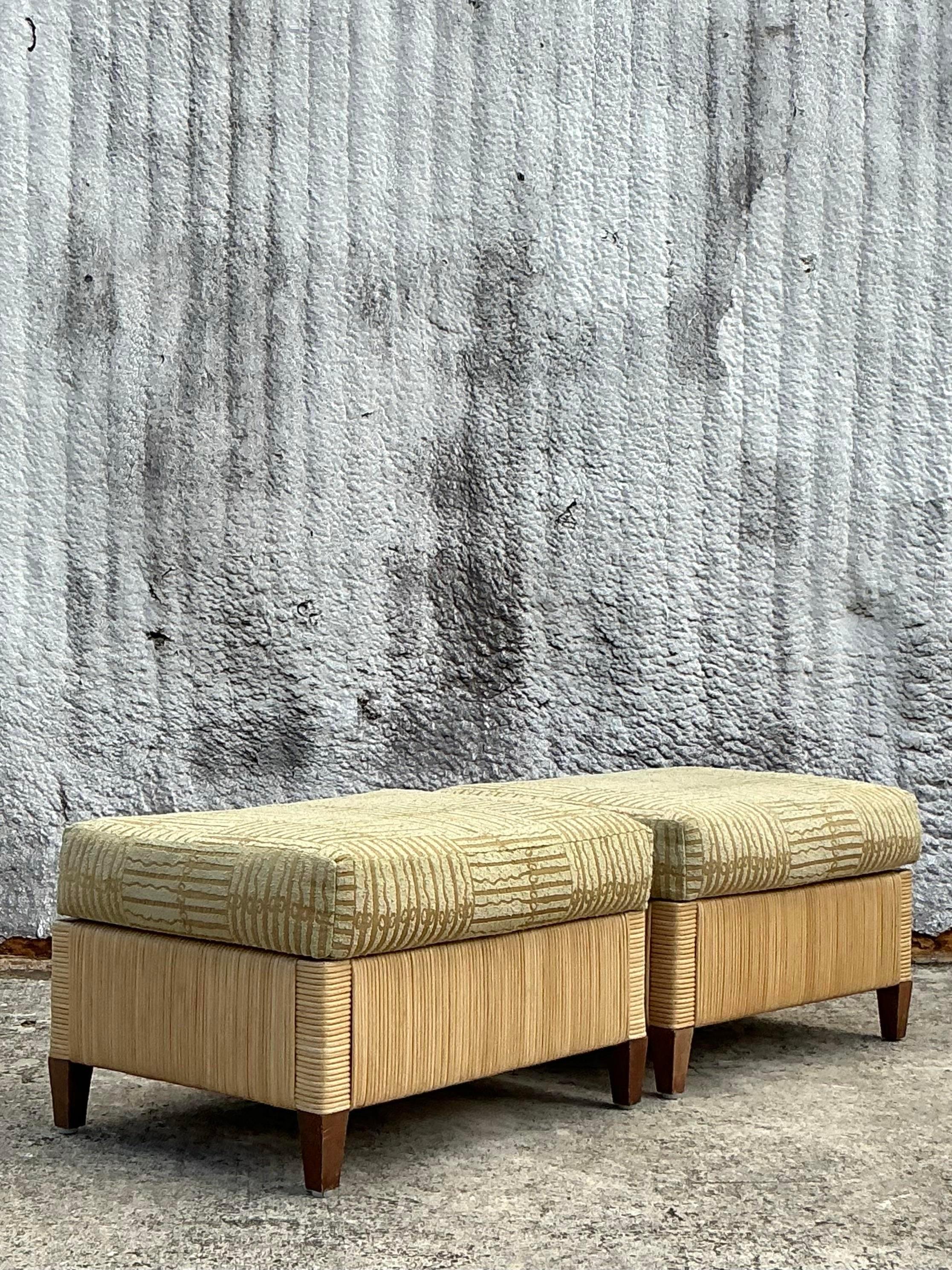 Fabric Vintage Coastal Donghia Woven Rattan Ottomans - a Pair
