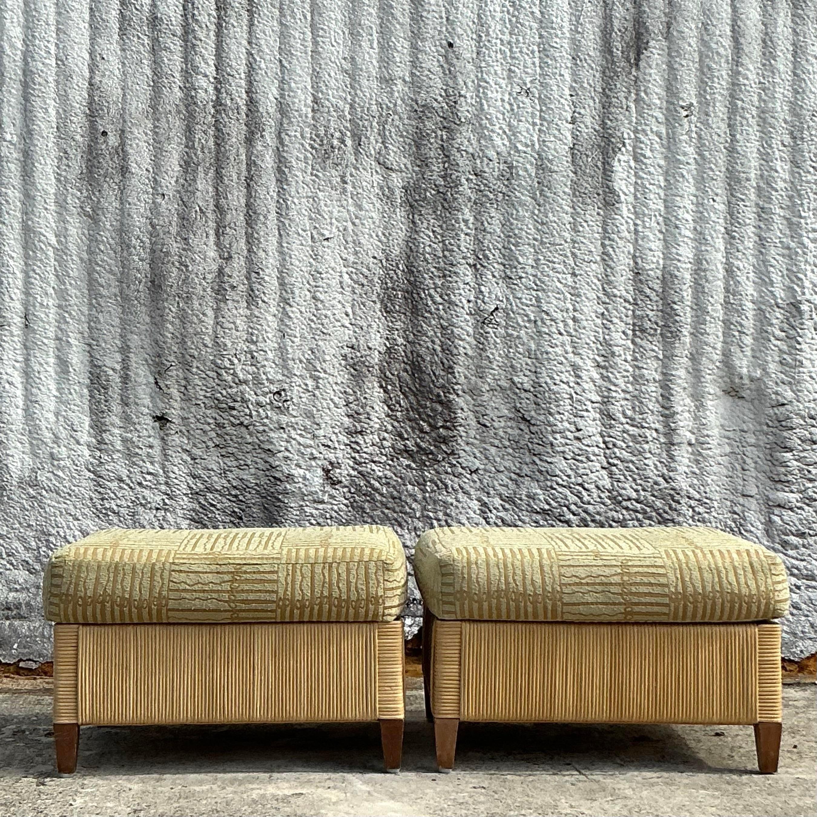 Vintage Coastal Donghia Woven Rattan Ottomans - a Pair 1