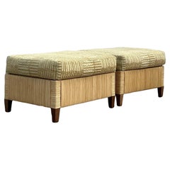 Vintage Coastal Donghia Woven Rattan Ottomans - a Pair
