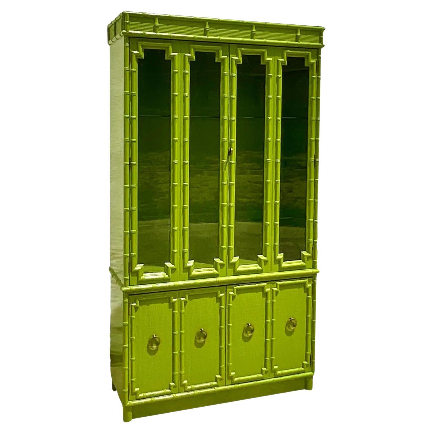 Vintage Coastal Drexel Lacquered Bamboo China Cabinet