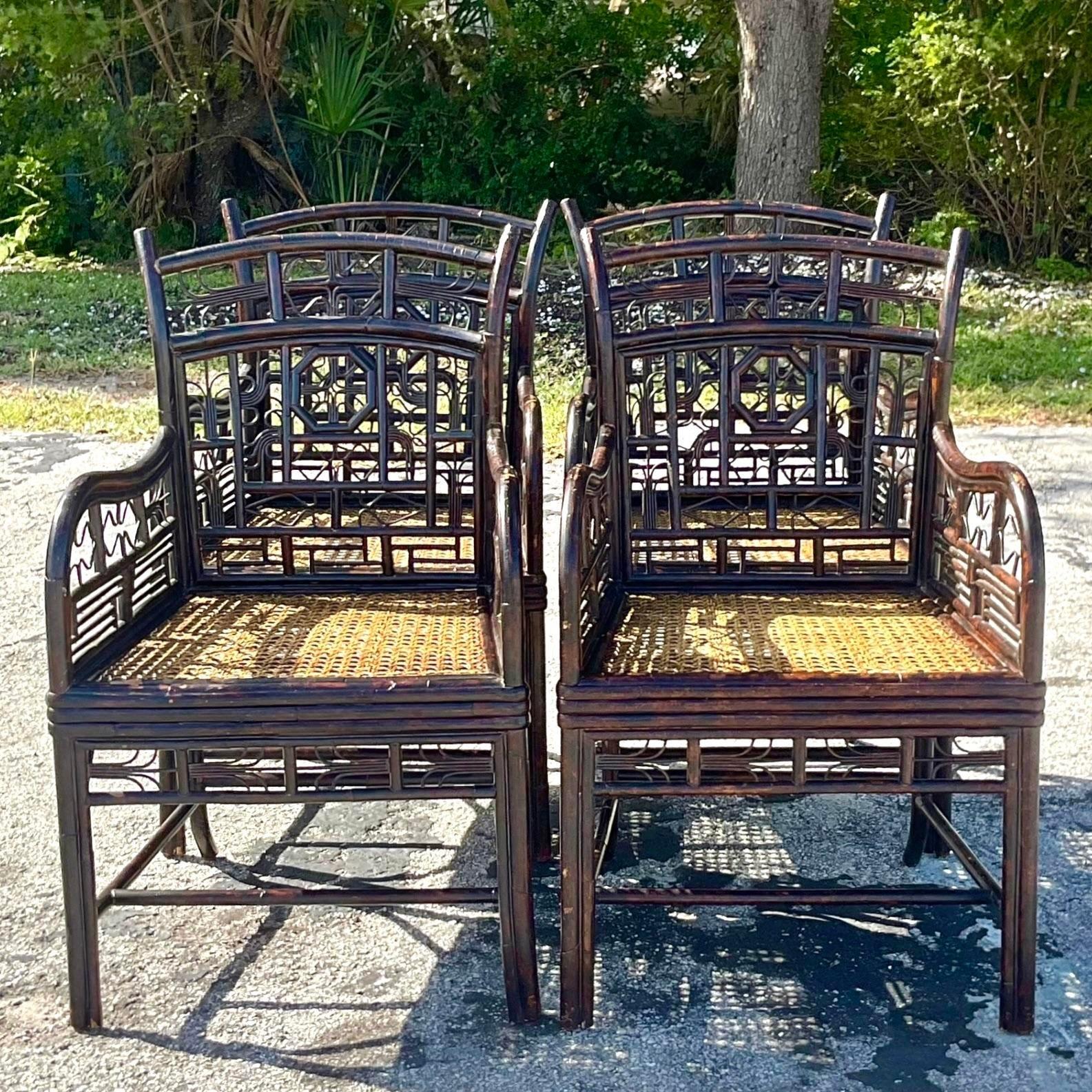 Vintage Coastal Ebony Rattan Brighton Chairs - Set of 4 In Good Condition In west palm beach, FL