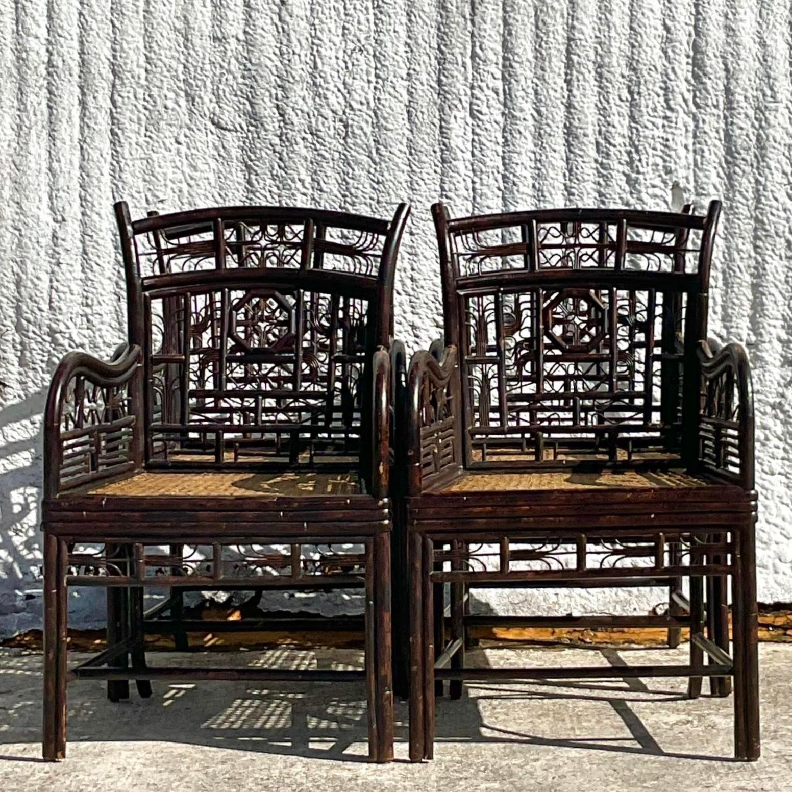 20th Century Vintage Coastal Ebony Rattan Brighton Chairs - Set of 4