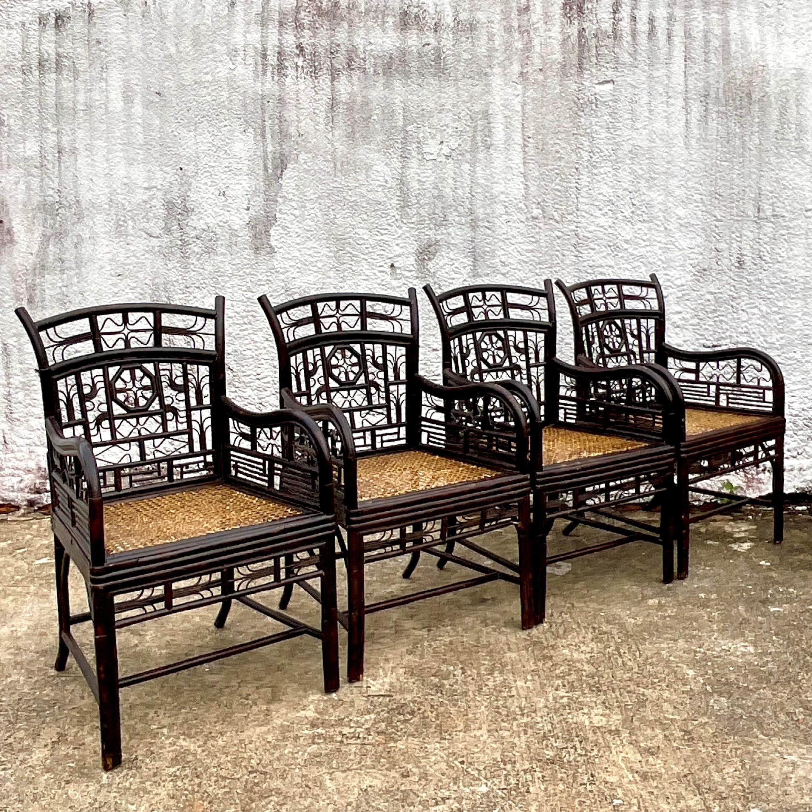 Vintage Coastal Ebony Rattan Brighton Chairs - Set of 4 1