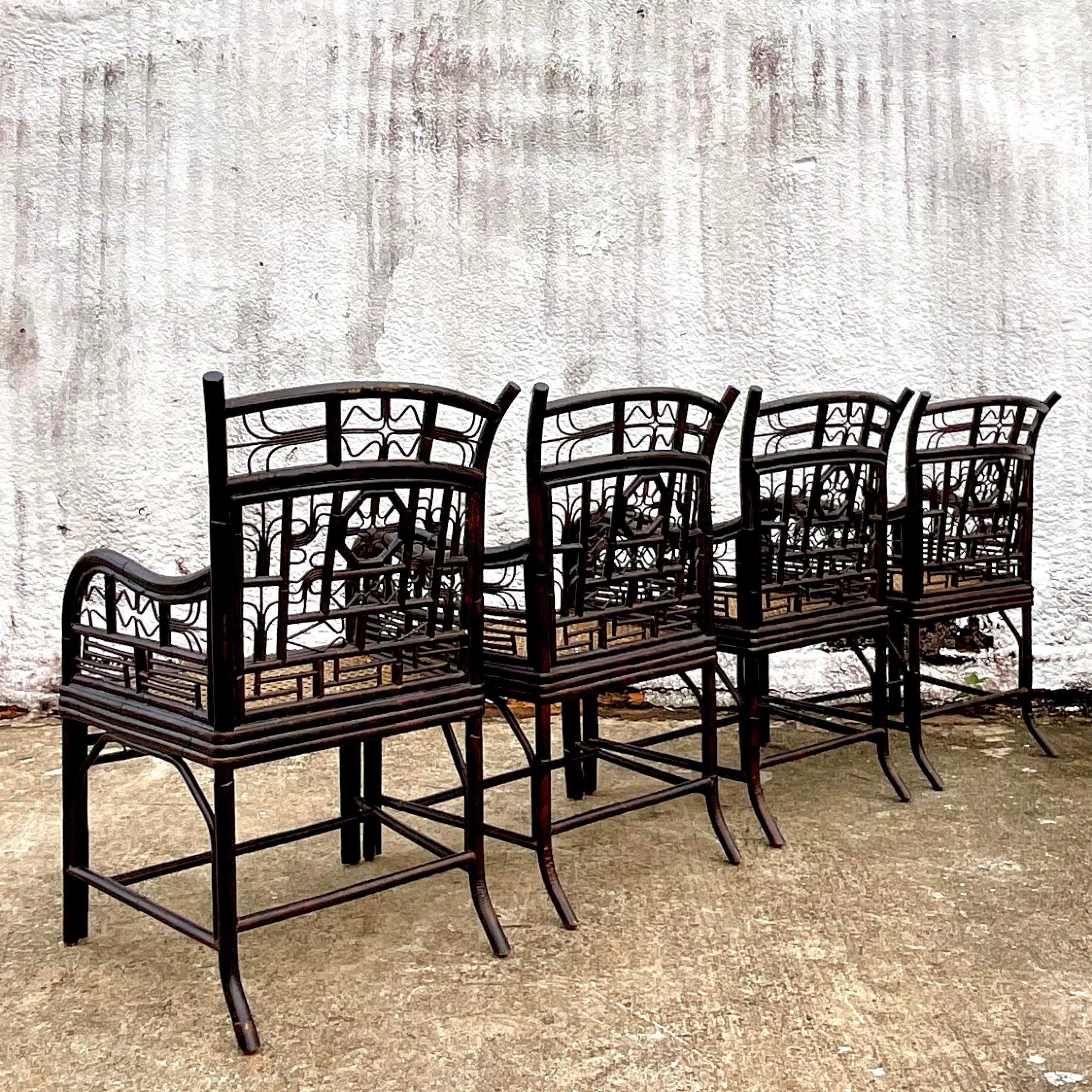 Vintage Coastal Ebony Rattan Brighton Chairs - Set of 4 3
