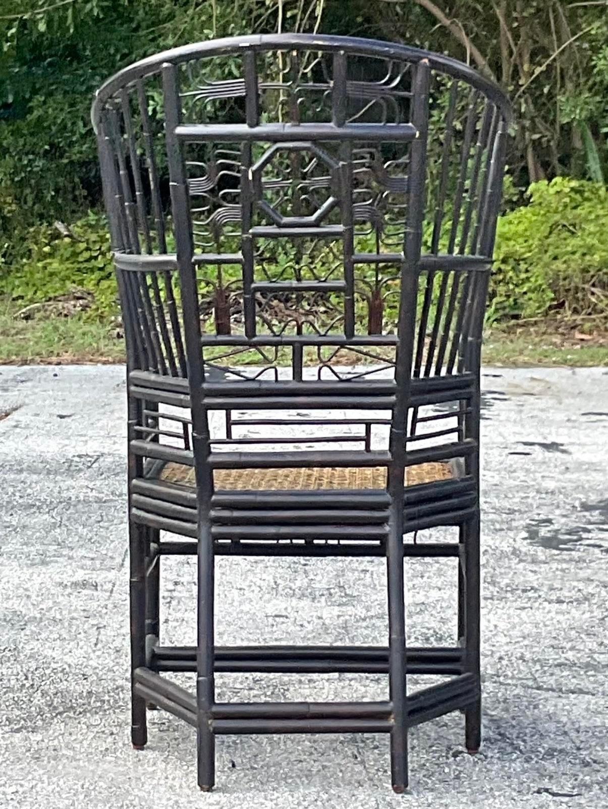Vintage Coastal Ebony Rattan High Back Brighton Chair In Good Condition In west palm beach, FL