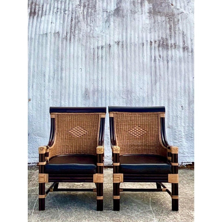Vintage Coastal Ebony Rattan High Back Chairs, a Pair at 1stDibs