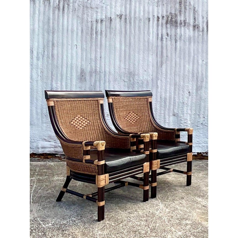 Vintage Coastal Ebony Rattan High Back Chairs, a Pair at 1stDibs