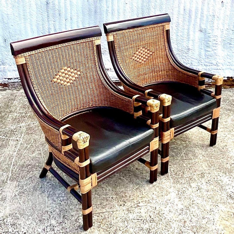 Vintage Coastal Ebony Rattan High Back Chairs, a Pair at 1stDibs