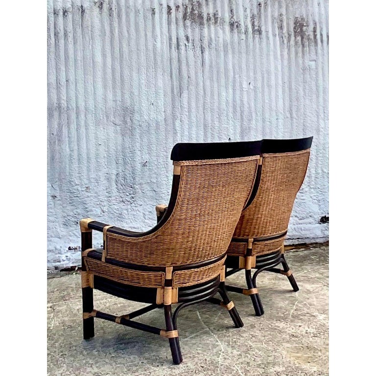 Vintage Coastal Ebony Rattan High Back Chairs, a Pair at 1stDibs