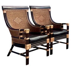 Vintage Coastal Ebony Rattan High Back Chairs, a Pair