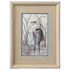 Vintage Coastal Egret Needlepoint Textile Art in Distressed Wood Frame