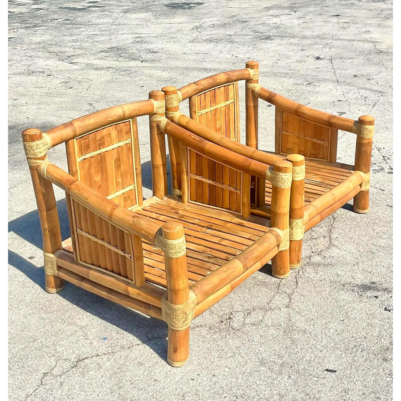 Philippine Vintage Coastal Elephant Bamboo Lounge Chairs, a Pair