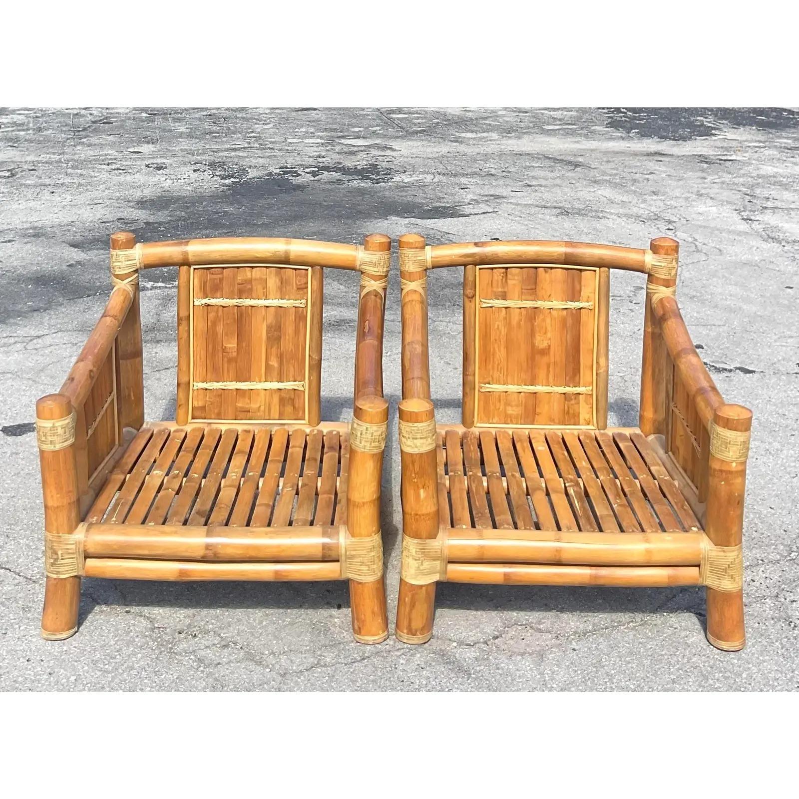 Vintage Coastal Elephant Bamboo Lounge Chairs, a Pair In Good Condition In west palm beach, FL