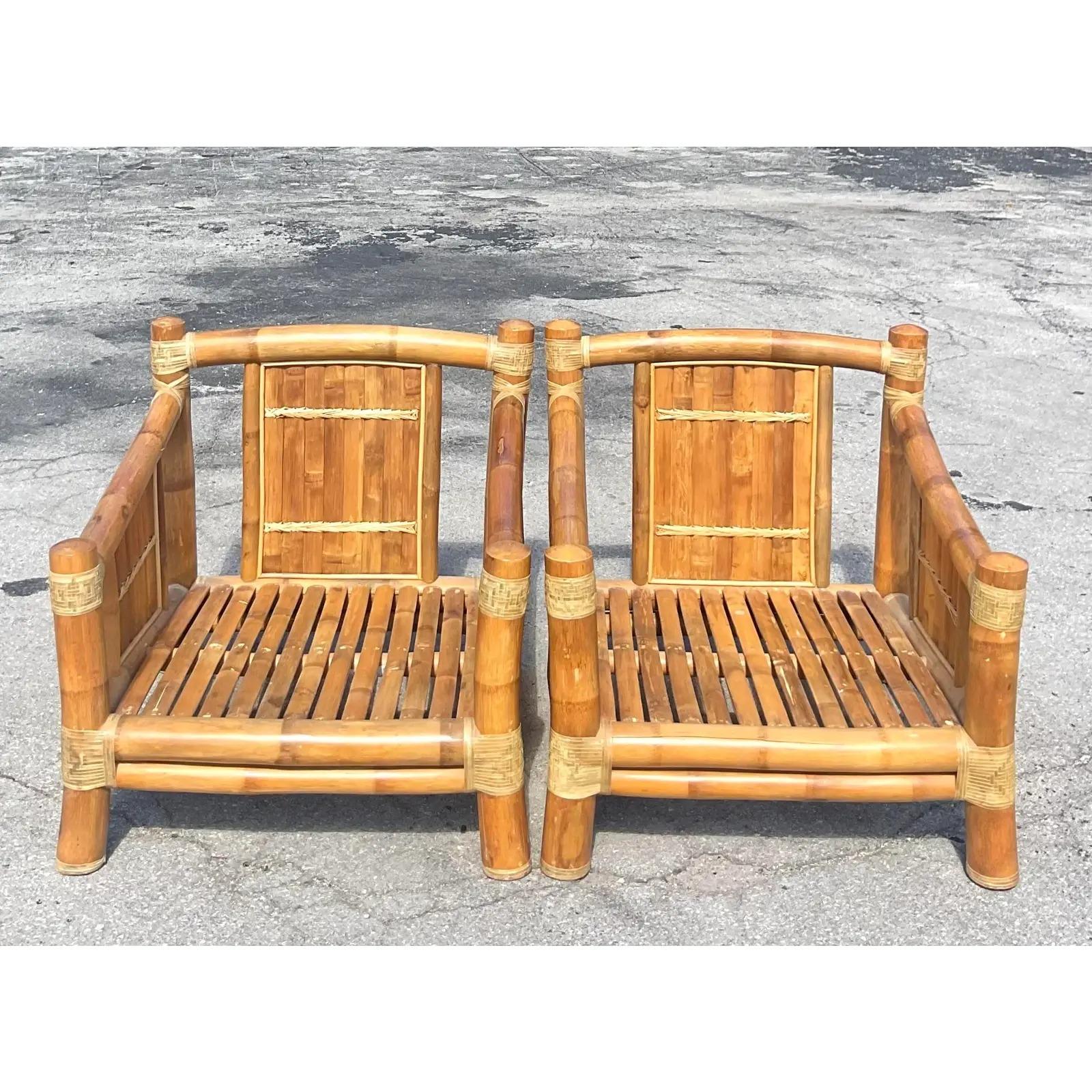 Vintage Coastal Elephant Bamboo Lounge Chairs a Pair