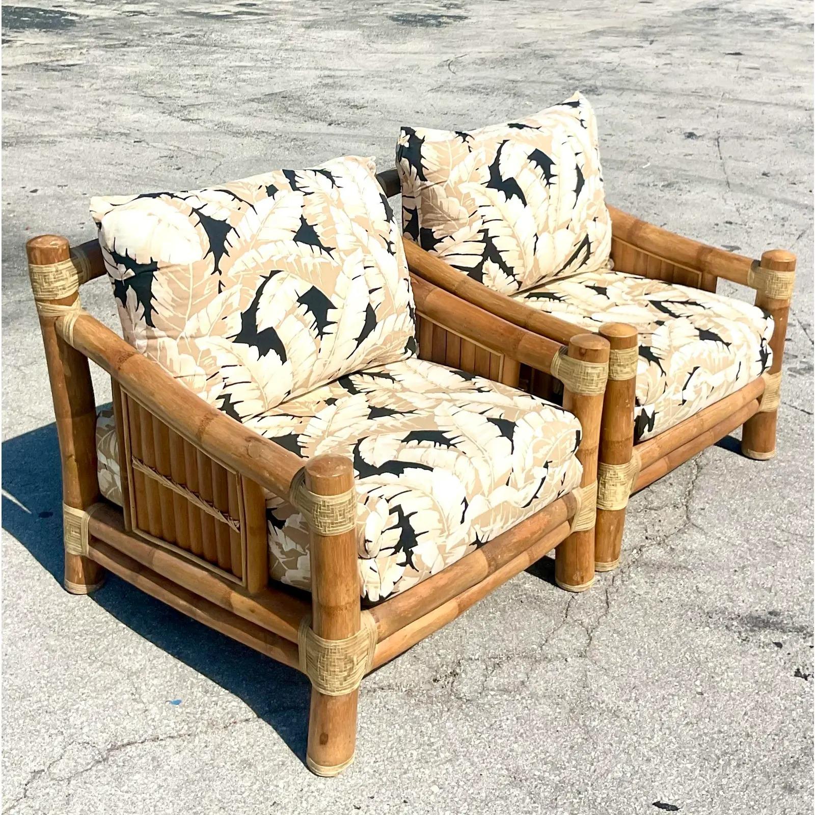 20th Century Vintage Coastal Elephant Bamboo Lounge Chairs, a Pair