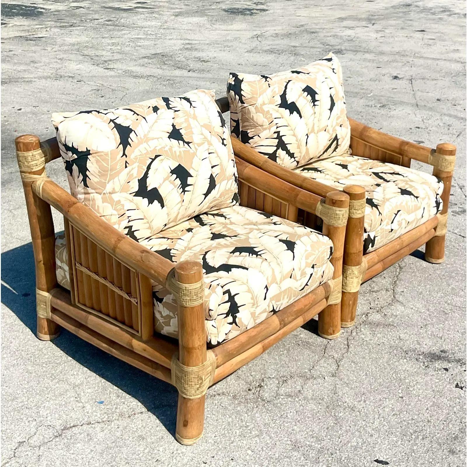 Vintage Coastal Elephant Bamboo Lounge Chairs a Pair