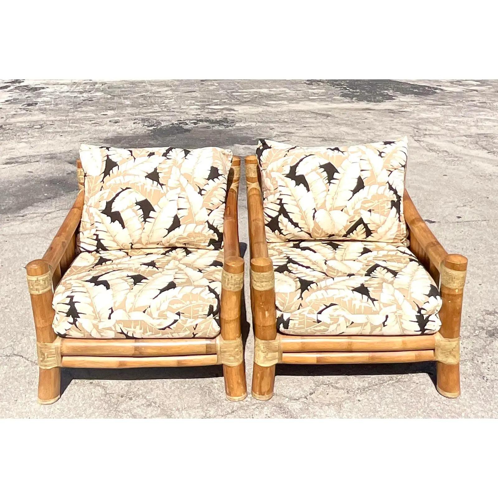 Upholstery Vintage Coastal Elephant Bamboo Lounge Chairs, a Pair