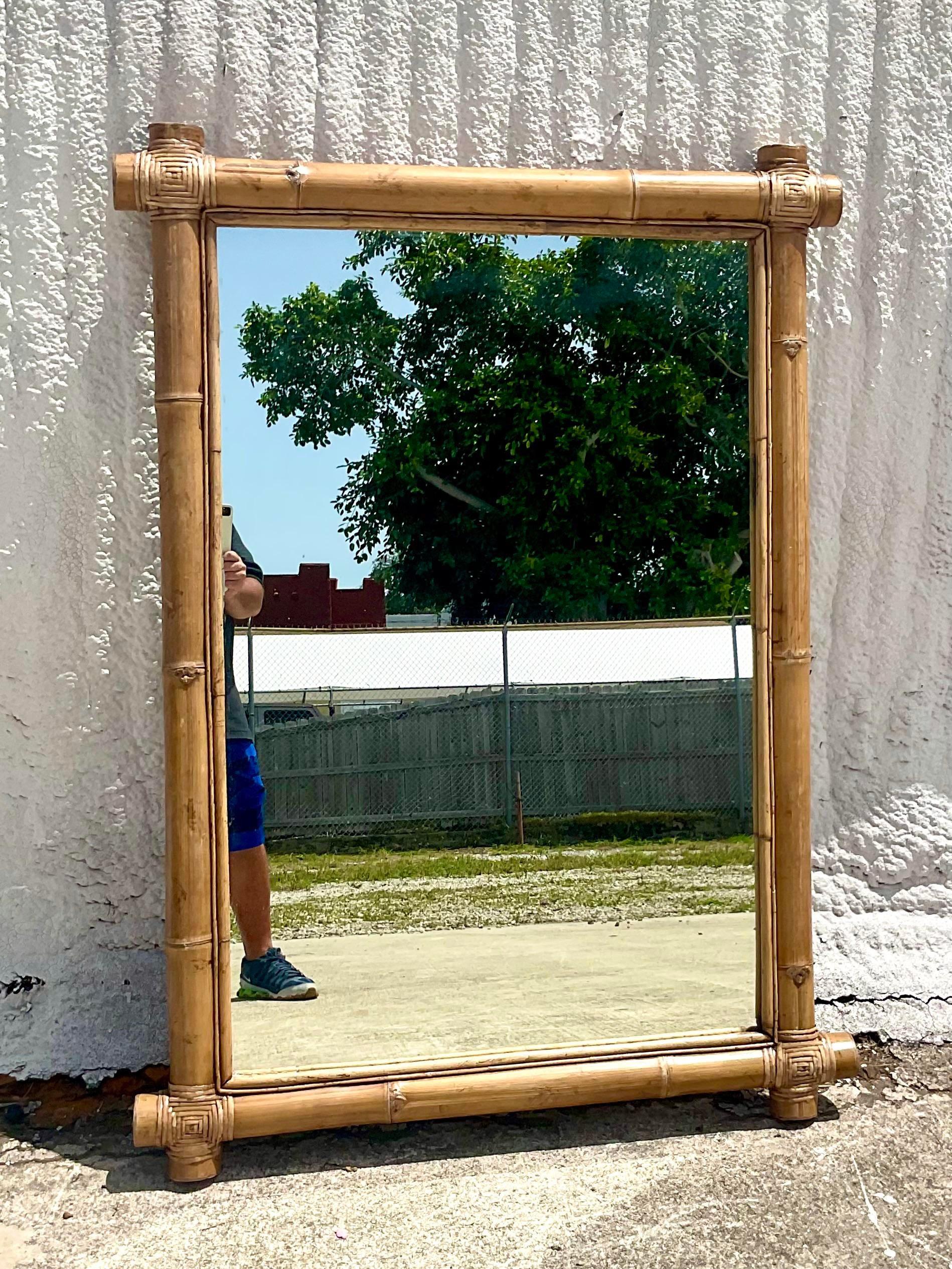 Vintage Coastal Elephant Bamboo Mirror In Good Condition For Sale In west palm beach, FL