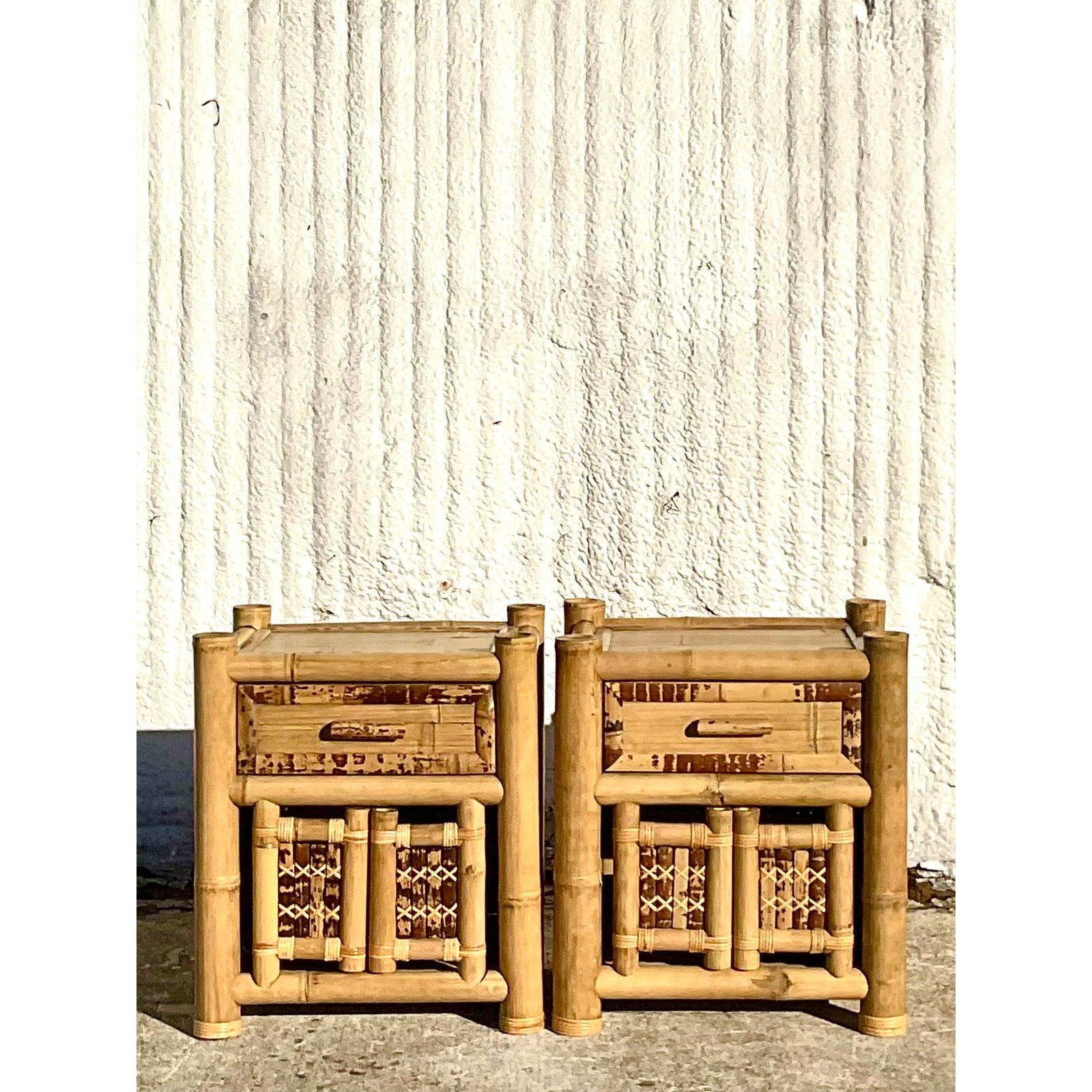 Philippine Vintage Coastal Elephant Bamboo Nightstands, a Pair