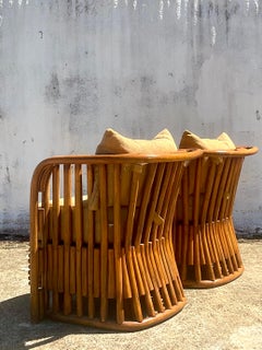 Vintage Coastal Empire Rattan Tub Chairs, a Pair