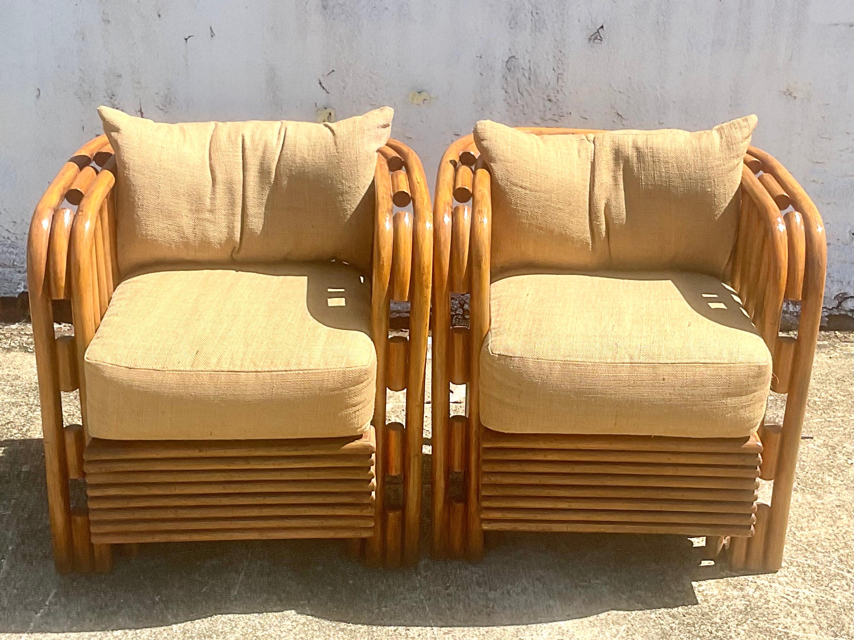 Organic Modern Vintage Coastal Empire Rattan Tub Chairs, a Pair