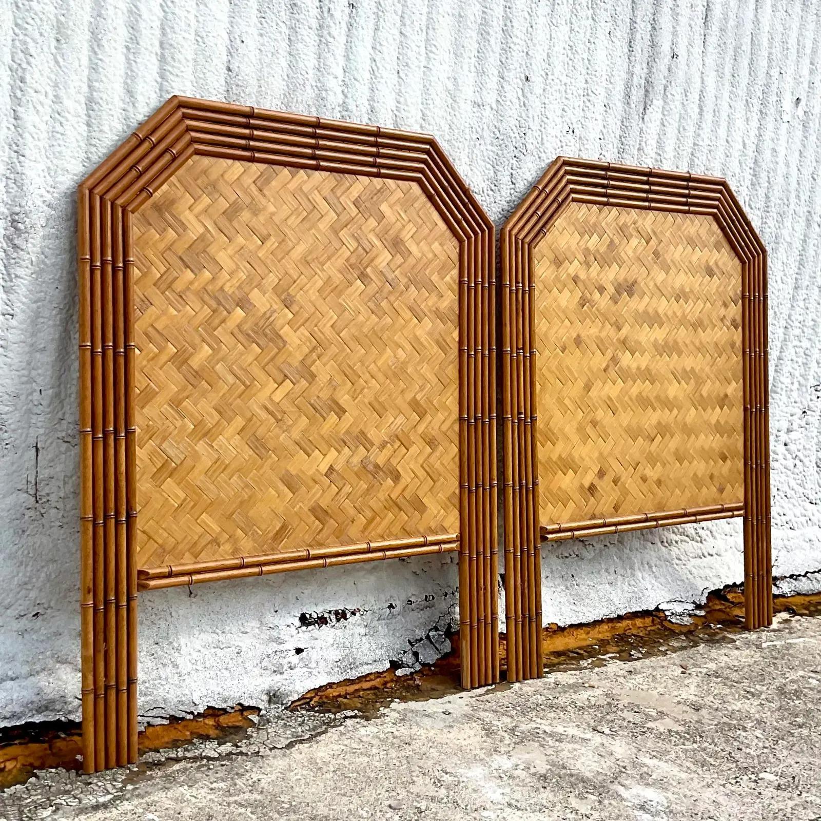 Philippine Vintage Coastal Faceted Bamboo Twin Headboards - a Pair For Sale