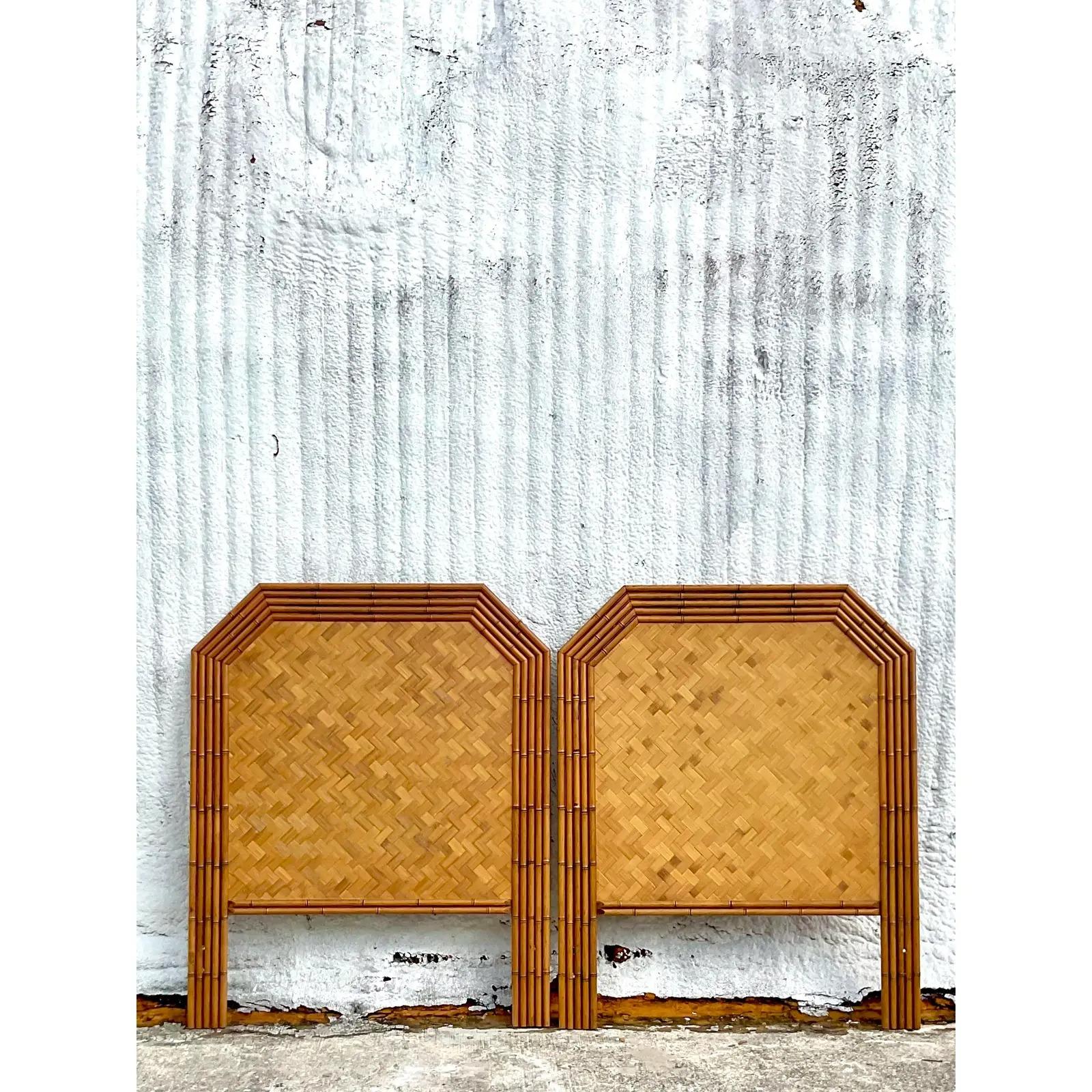 Vintage Coastal Faceted Bamboo Twin Headboards - a Pair In Good Condition For Sale In west palm beach, FL
