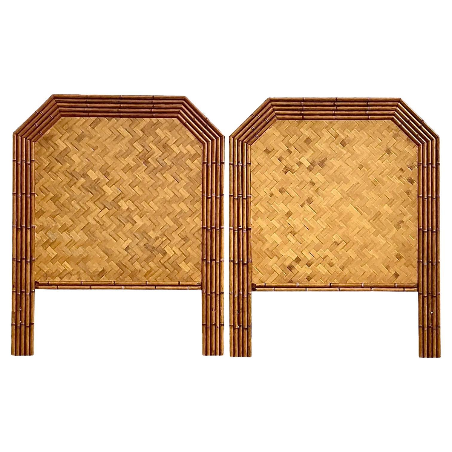 Vintage Coastal Faceted Bamboo Twin Headboards - a Pair For Sale