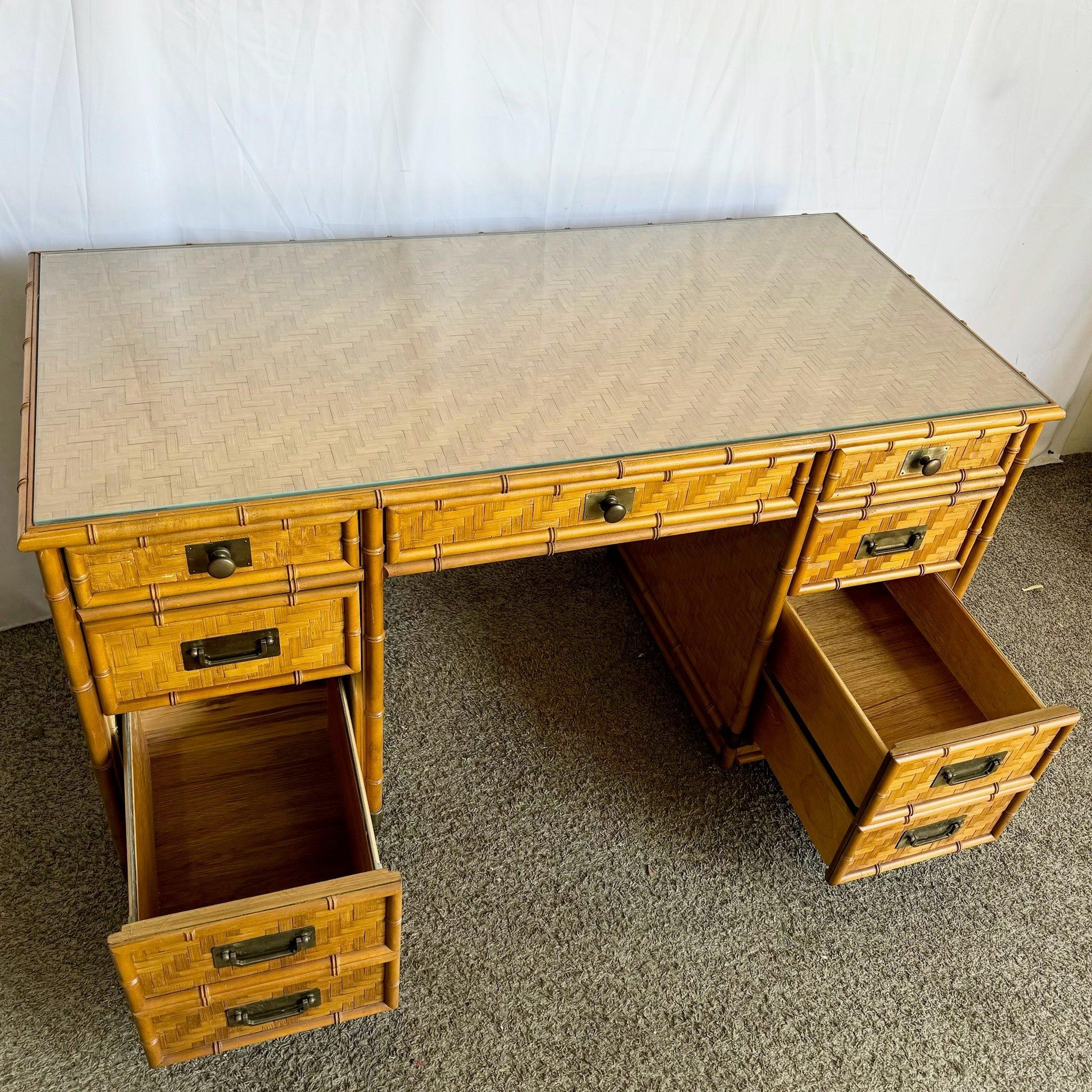 Vintage Coastal Faux Bamboo Herringbone Wicker Glass Top Campaign Desk w/ Accent For Sale 5