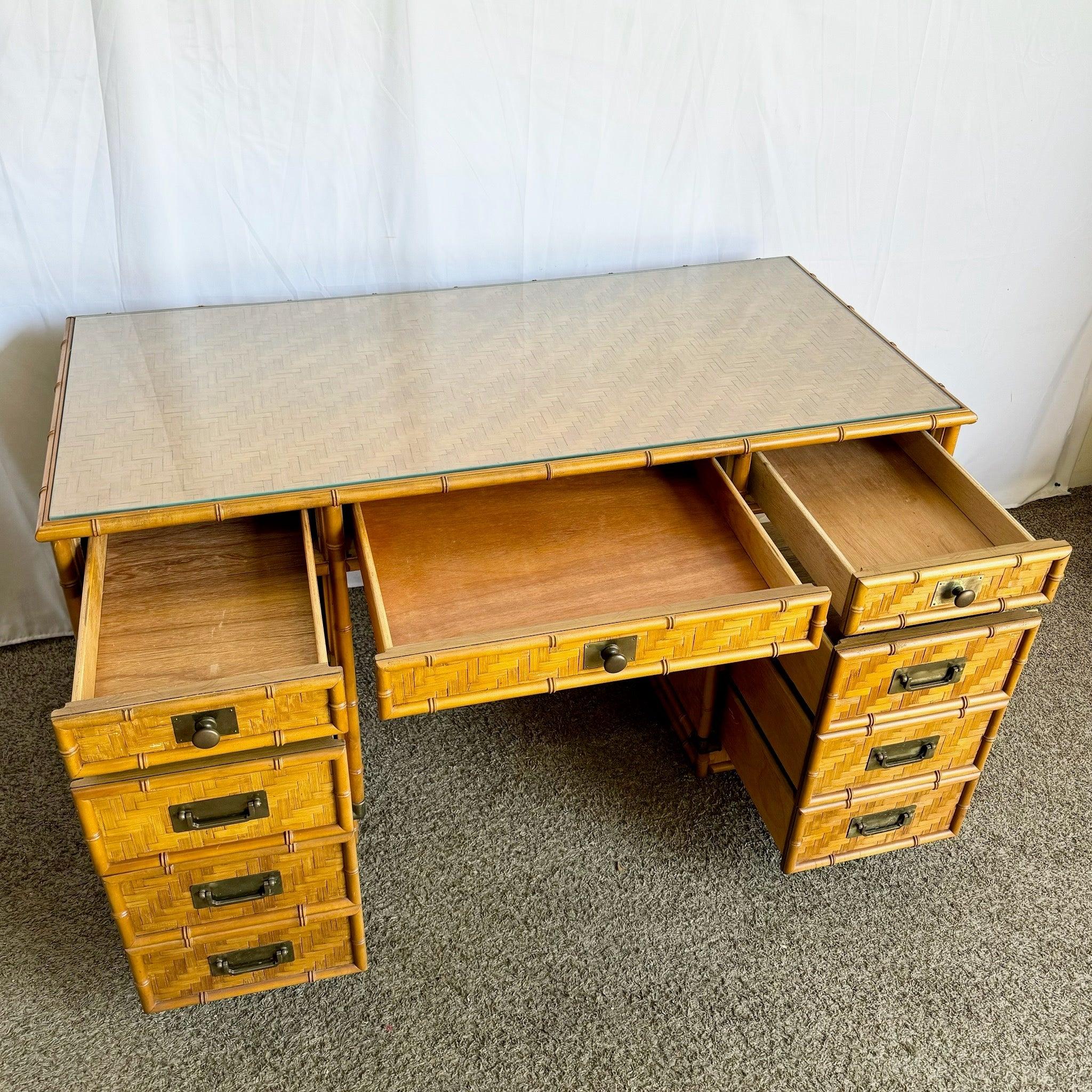 Vintage Coastal Faux Bamboo Herringbone Wicker Glass Top Campaign Desk w/ Accent For Sale 6