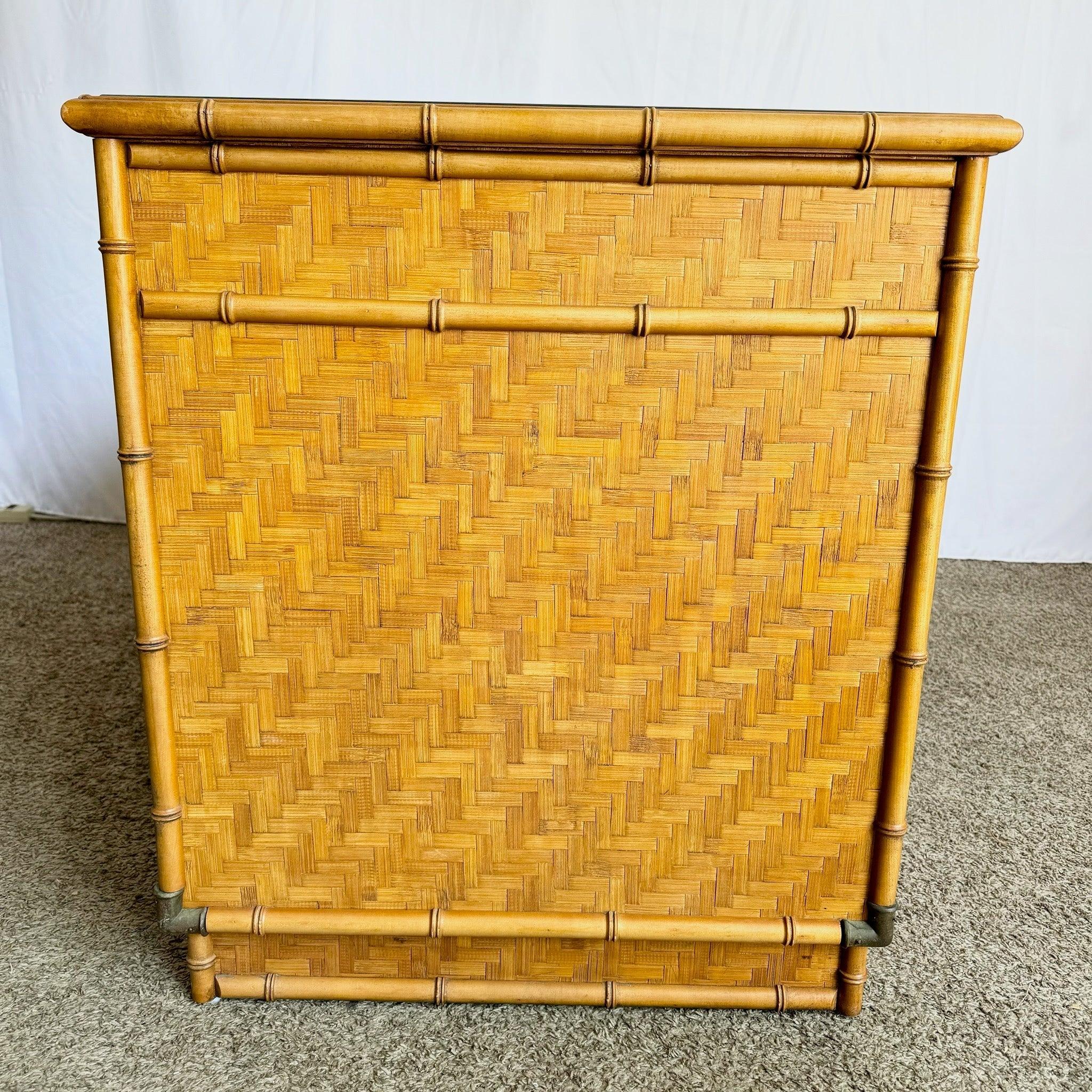 20th Century Vintage Coastal Faux Bamboo Herringbone Wicker Glass Top Campaign Desk w/ Accent For Sale