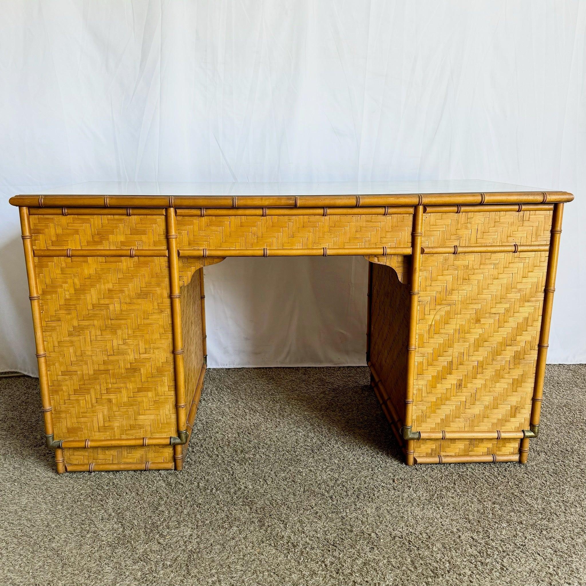Vintage Coastal Faux Bamboo Herringbone Wicker Glass Top Campaign Desk w/ Accent For Sale 1