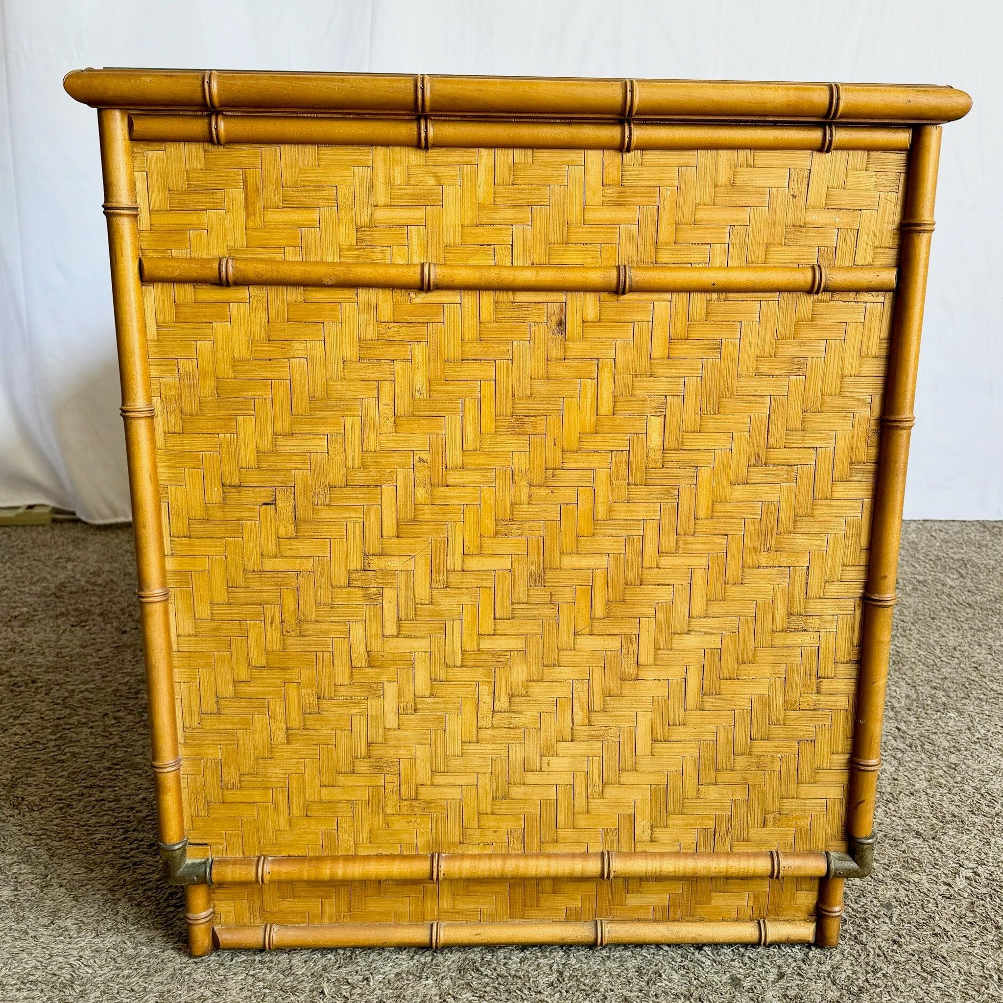 Vintage Coastal Faux Bamboo Herringbone Wicker Glass Top Campaign Desk w/ Accent For Sale 2