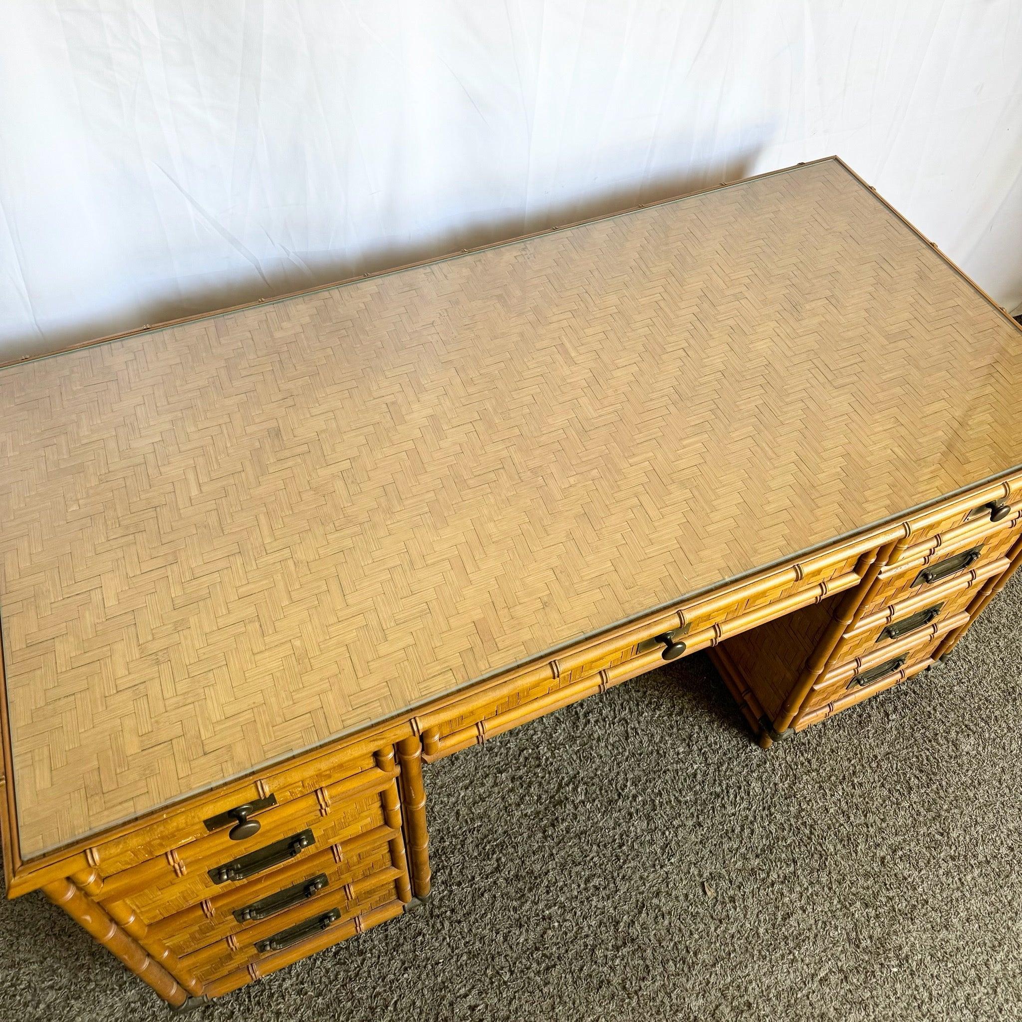 Vintage Coastal Faux Bamboo Herringbone Wicker Glass Top Campaign Desk w/ Accent For Sale 3