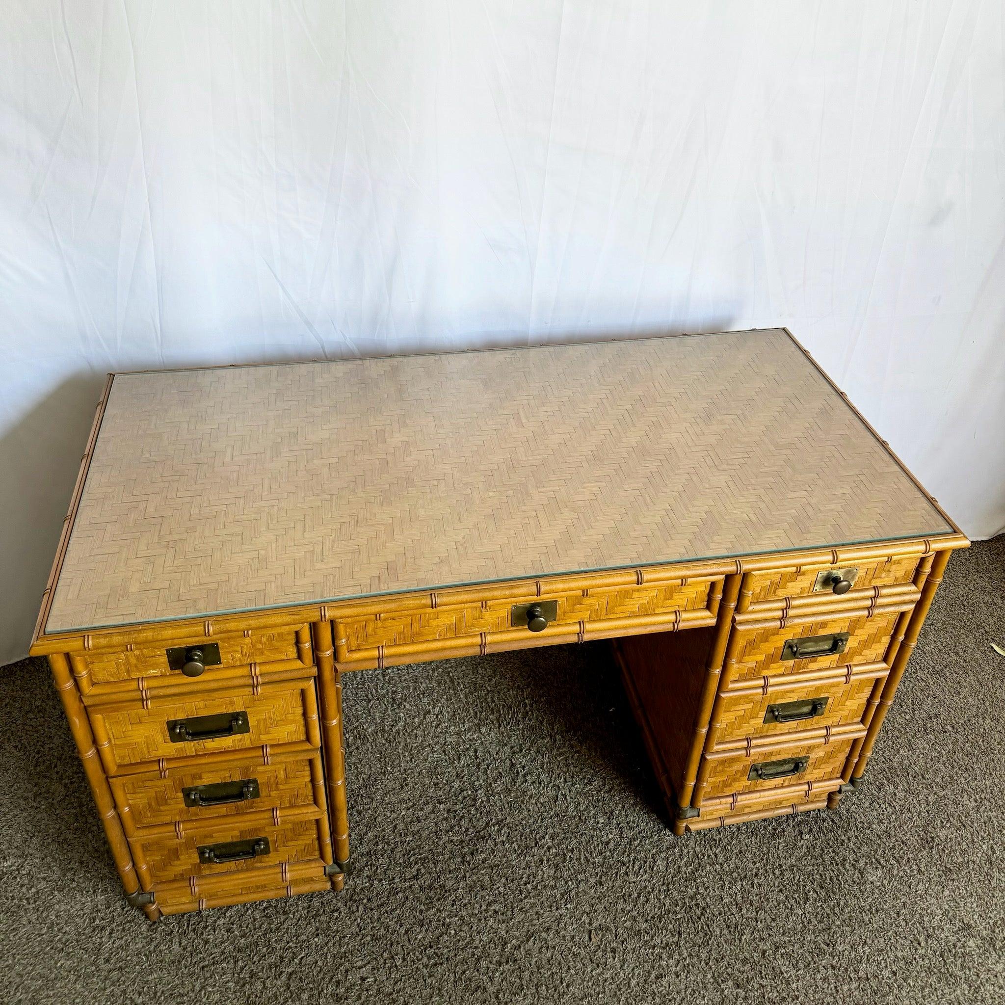 Vintage Coastal Faux Bamboo Herringbone Wicker Glass Top Campaign Desk w/ Accent For Sale 4