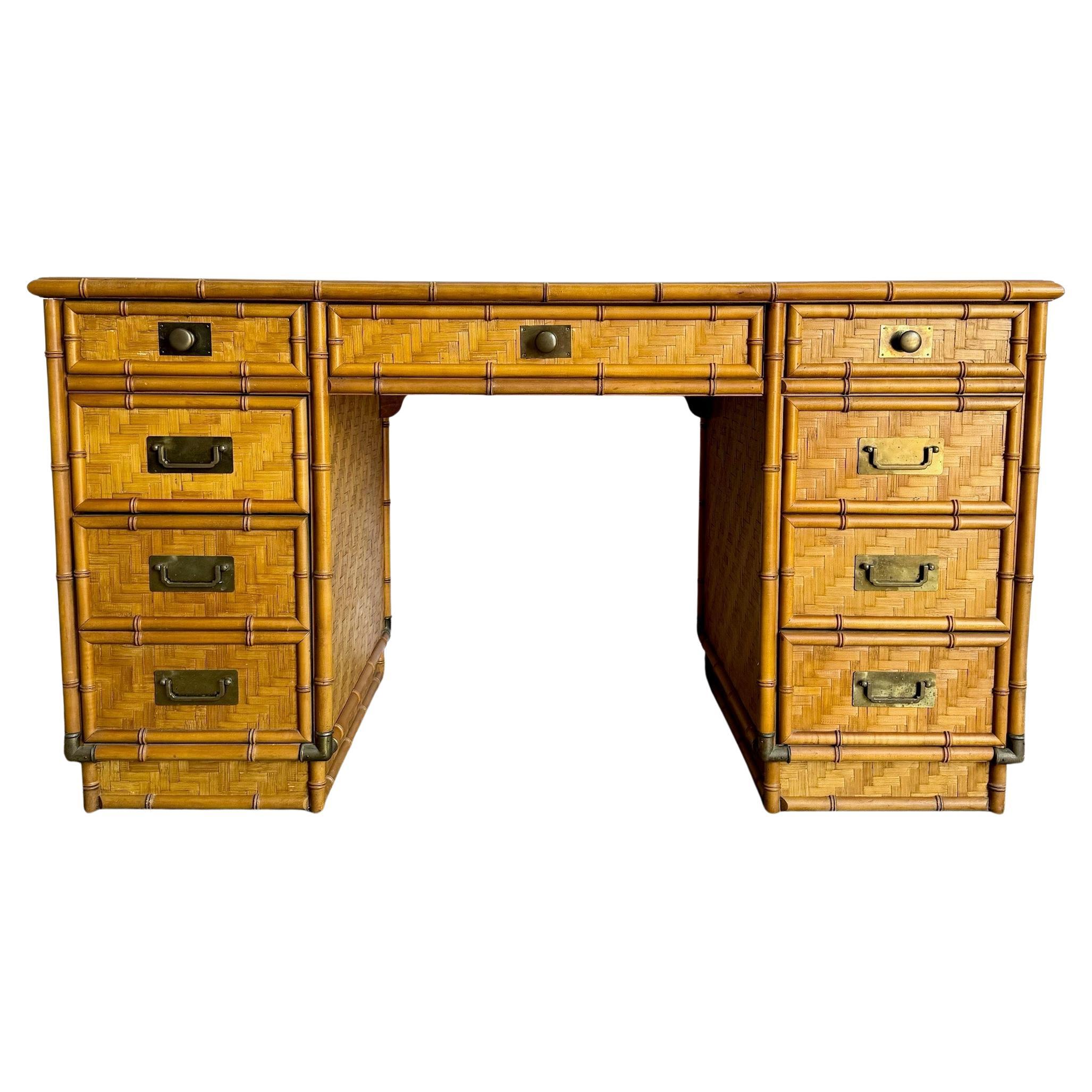 Vintage Coastal Faux Bamboo Herringbone Wicker Glass Top Campaign Desk w/ Accent For Sale